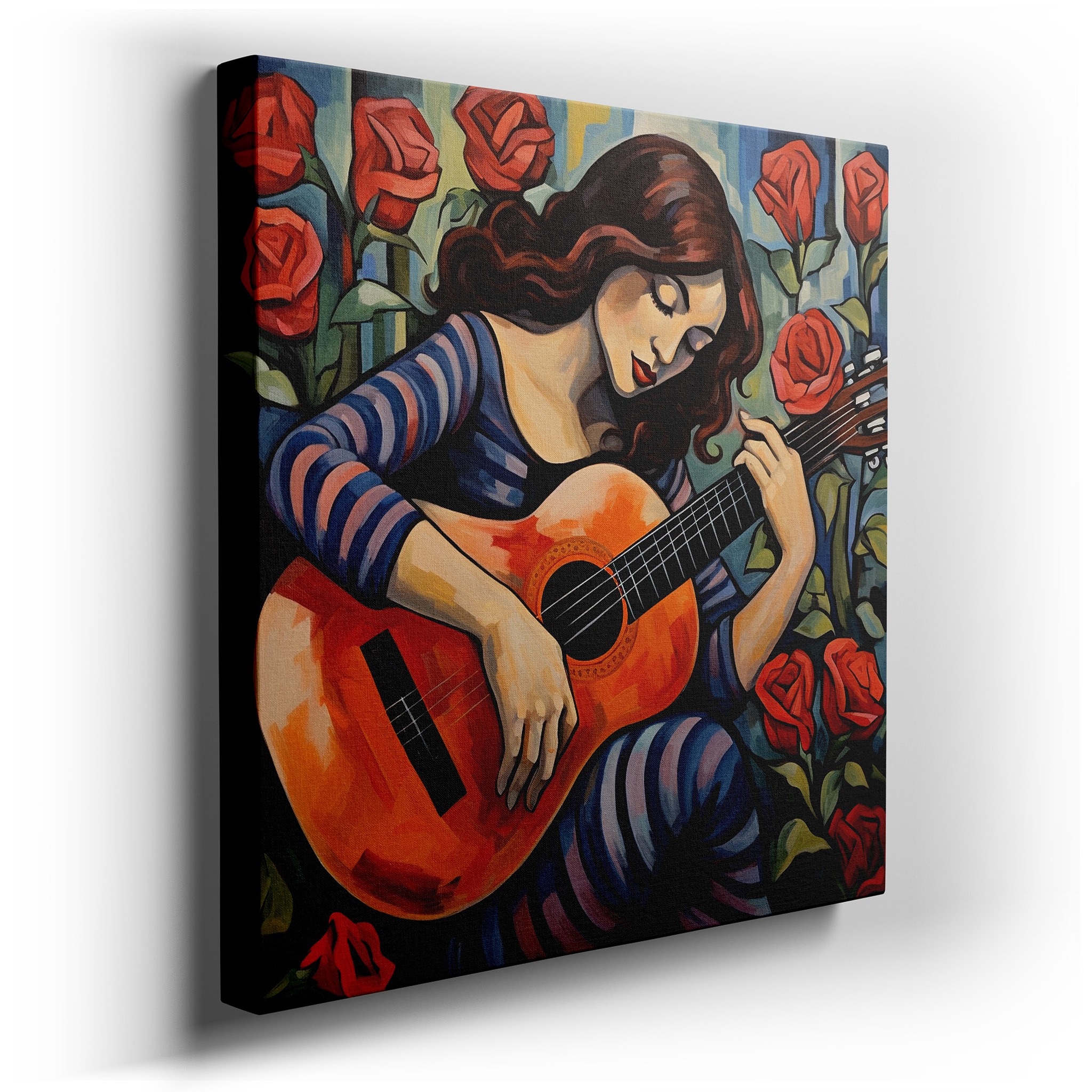 Girl with Guitar Amidst Blossoming Roses, Nature and Music Symphony Large Wall Art, Canvas Wall Decor, Office and