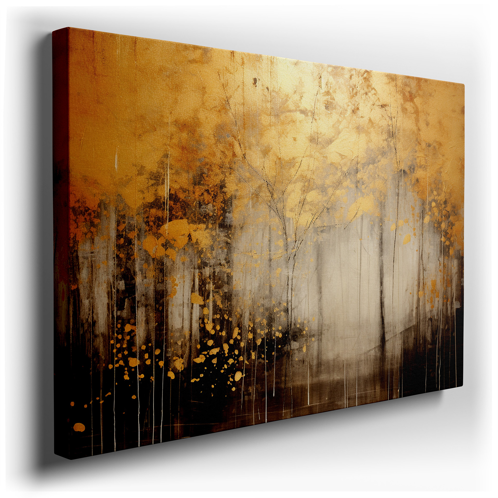 Gold and Black Autumn Essence: Reflective Abstract Landscape, Large Canvas Wall Art for Office and Bedroom Decor