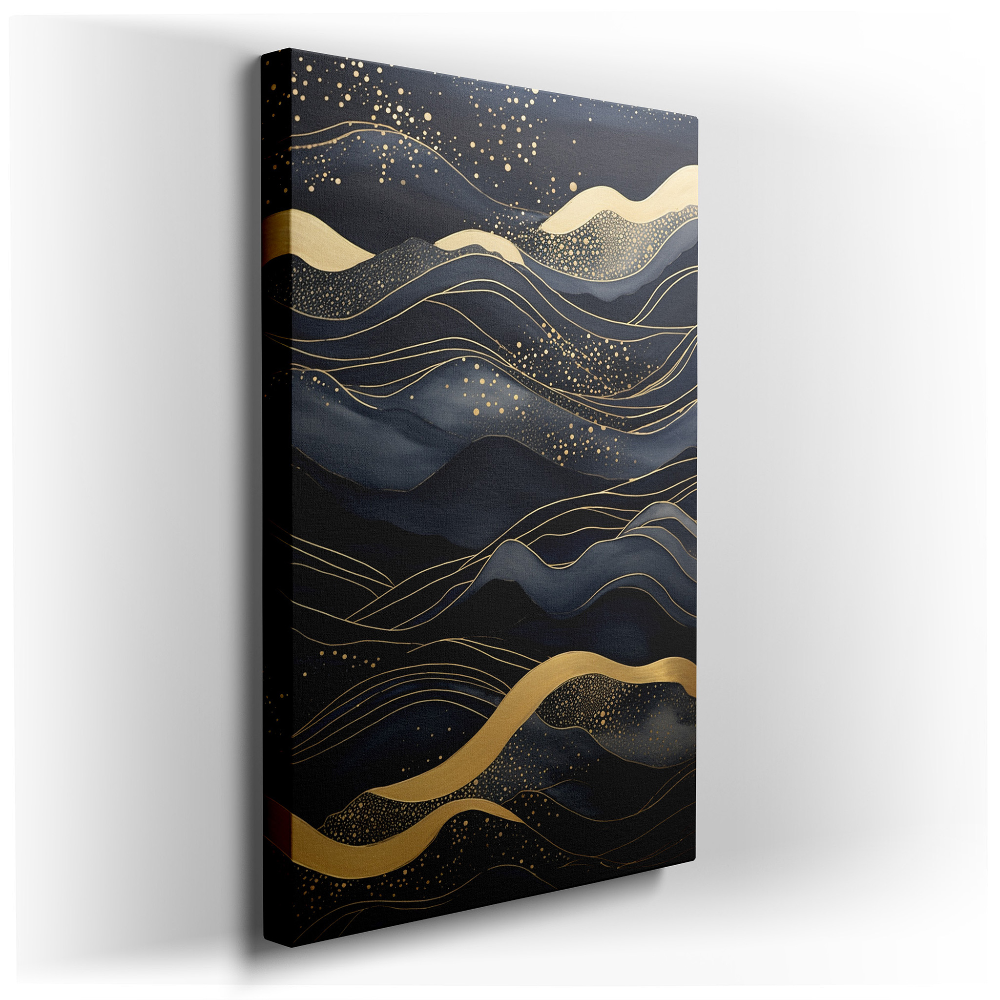 Gold and Blue Dynamic Waves: A Mesmerizing Dance of Light and Shadow - Large Canvas Wall Art for Office Decor wrapped