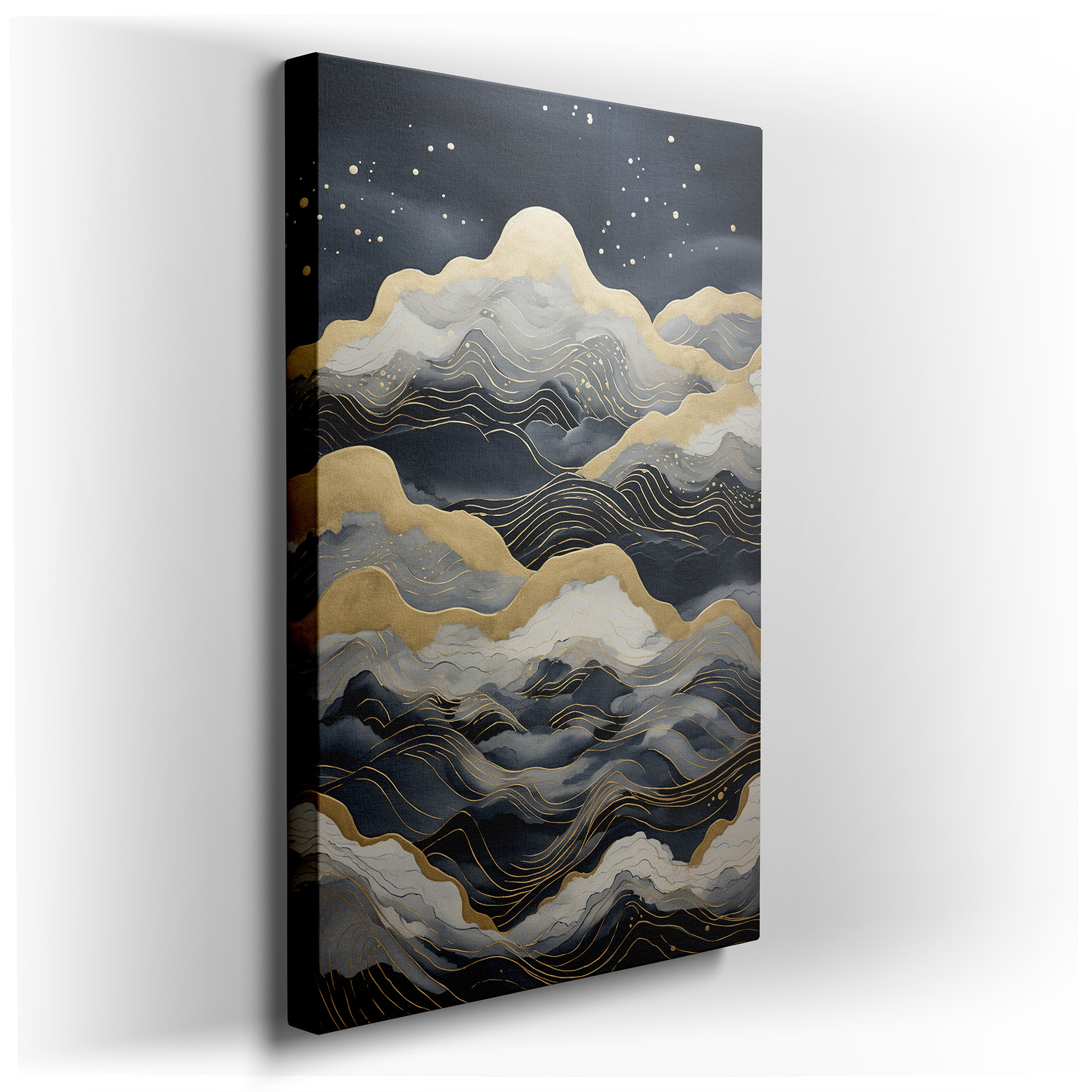 Gold and Blue Oceanic Waves: A Masterpiece of Movement and Emotion - Large Canvas Wall Art for Office and Bedroom Decor