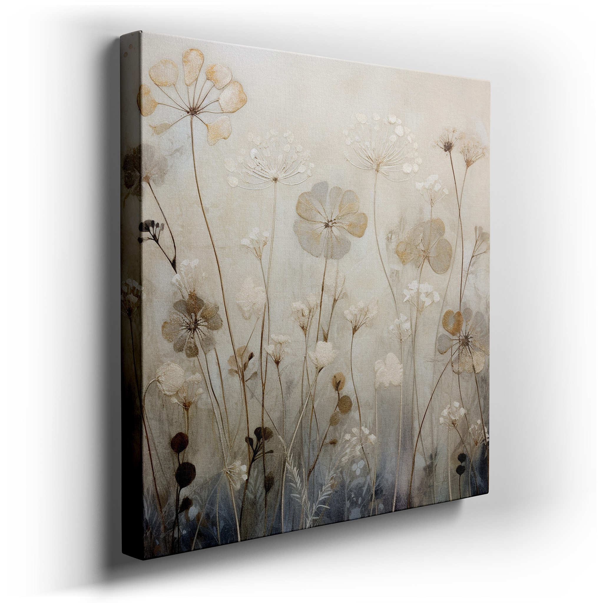 Gold and Gray Ethereal Bouquet, Tranquil Nature - Inspired Large Wall Art, Canvas Wall Decor for Office wrapped canvas