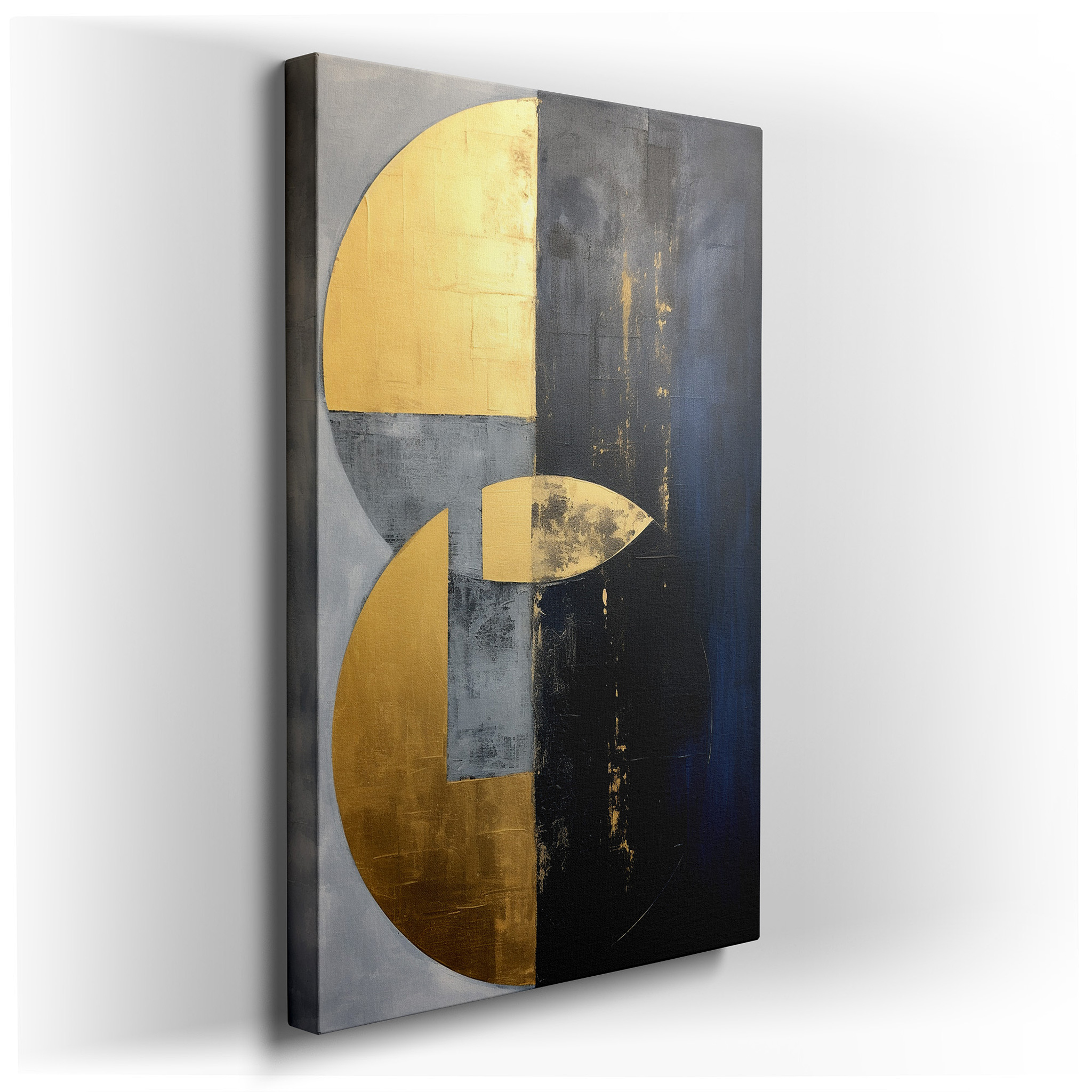 Gold, Gray, and Black Geometric Elegance with Bold Circular Motifs: Large Wall Art for Office and Bedroom Decor wrapped