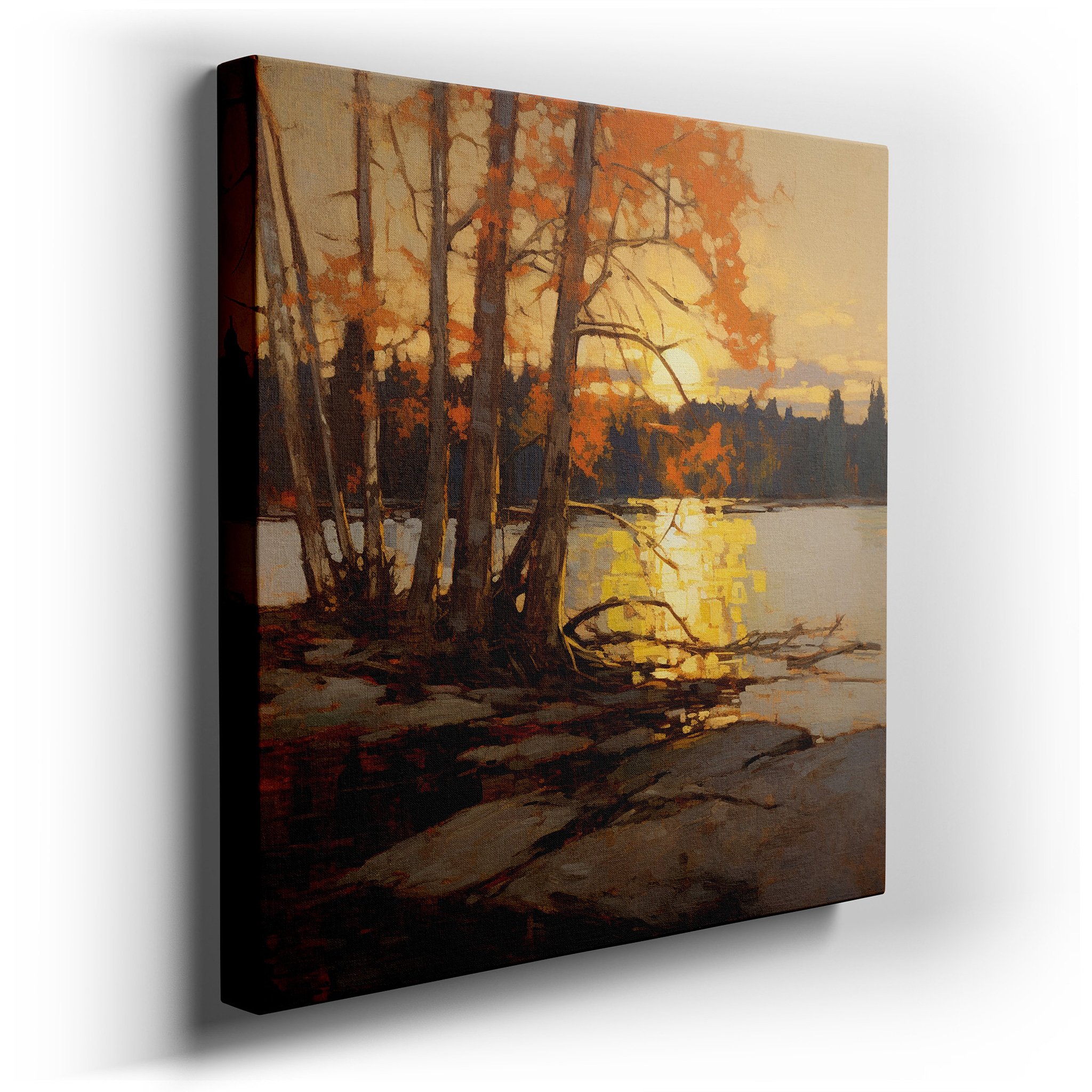 Golden Autumn Leaves Reflected in a Serene Lake at Sunset - Large Canvas Wall Art for Office, Bedroom, and Living Room