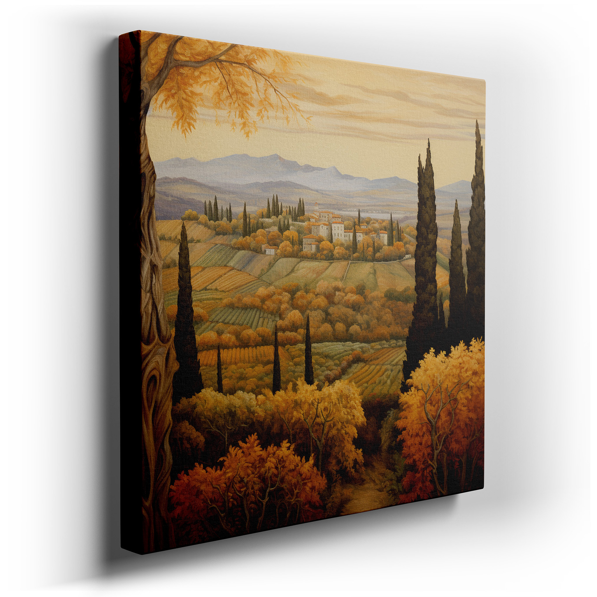Golden Autumn Tranquility Wall Art Featuring Cypress Trees and Expansive Vineyards, Ideal for Office and Bedroom Decor,