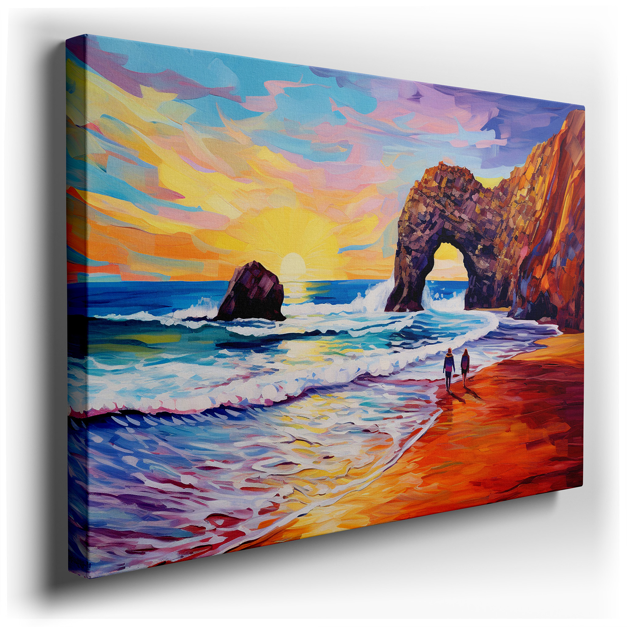 Golden Beach Sunset Canvas Featuring Figures Walking Together - Ideal for Large Wall Decor in Offices and Bedrooms