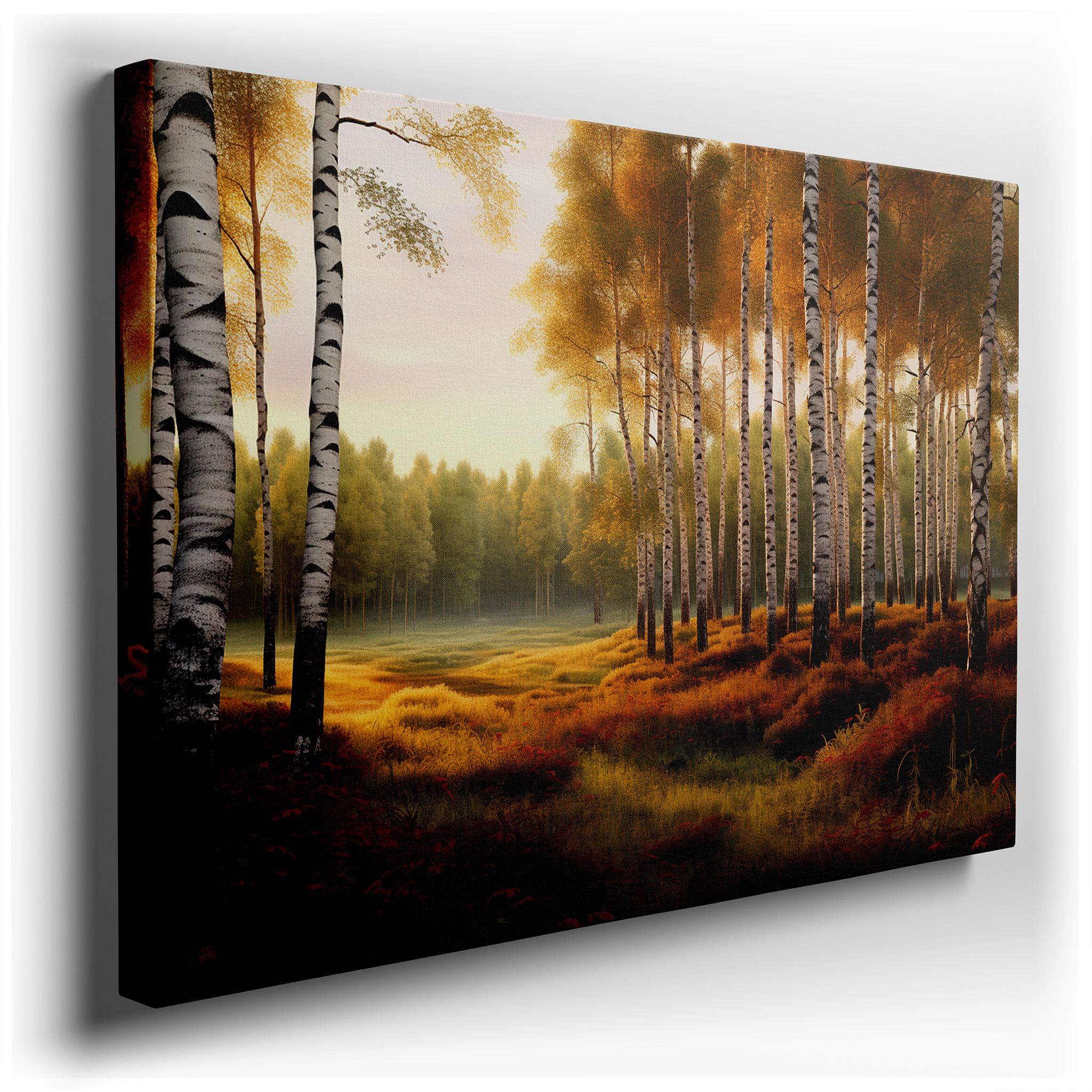 Golden Birch Trees in a Peaceful Autumn Meadow: Large Canvas Wall Art for Office, Bedroom, and Living Room Decor