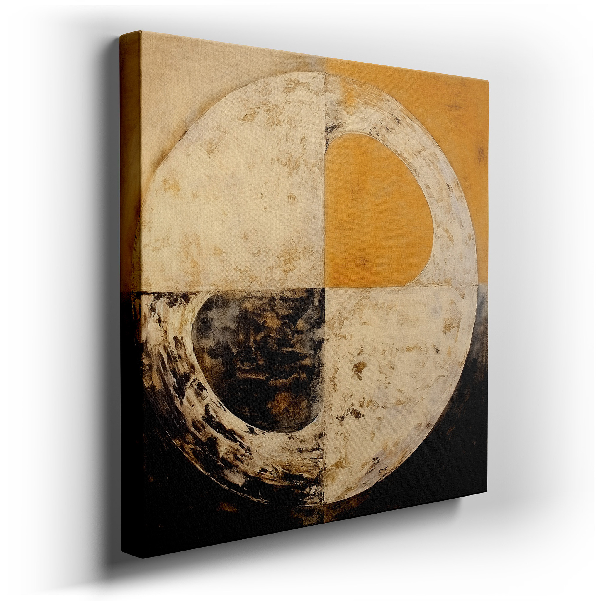 Golden Circle Abstract Wall Art: Radiant Earth Tones Symbolizing Unity, Ideal for Office and Bedroom Decor, Large
