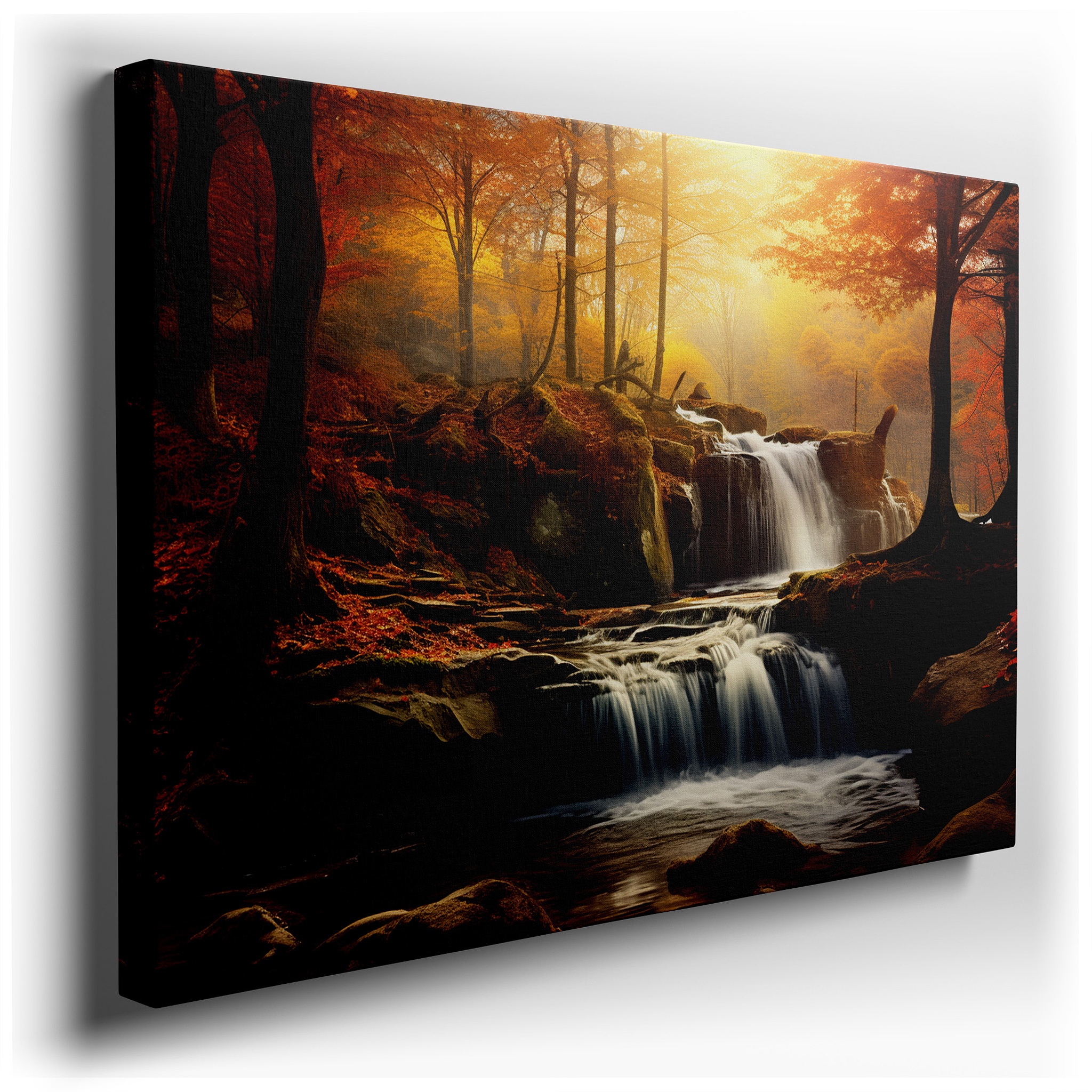 Golden Foliage and Majestic Waterfall Canvas Wall Art, Bathed in Sunlight and Tranquility, Ideal for Office and Bedroom