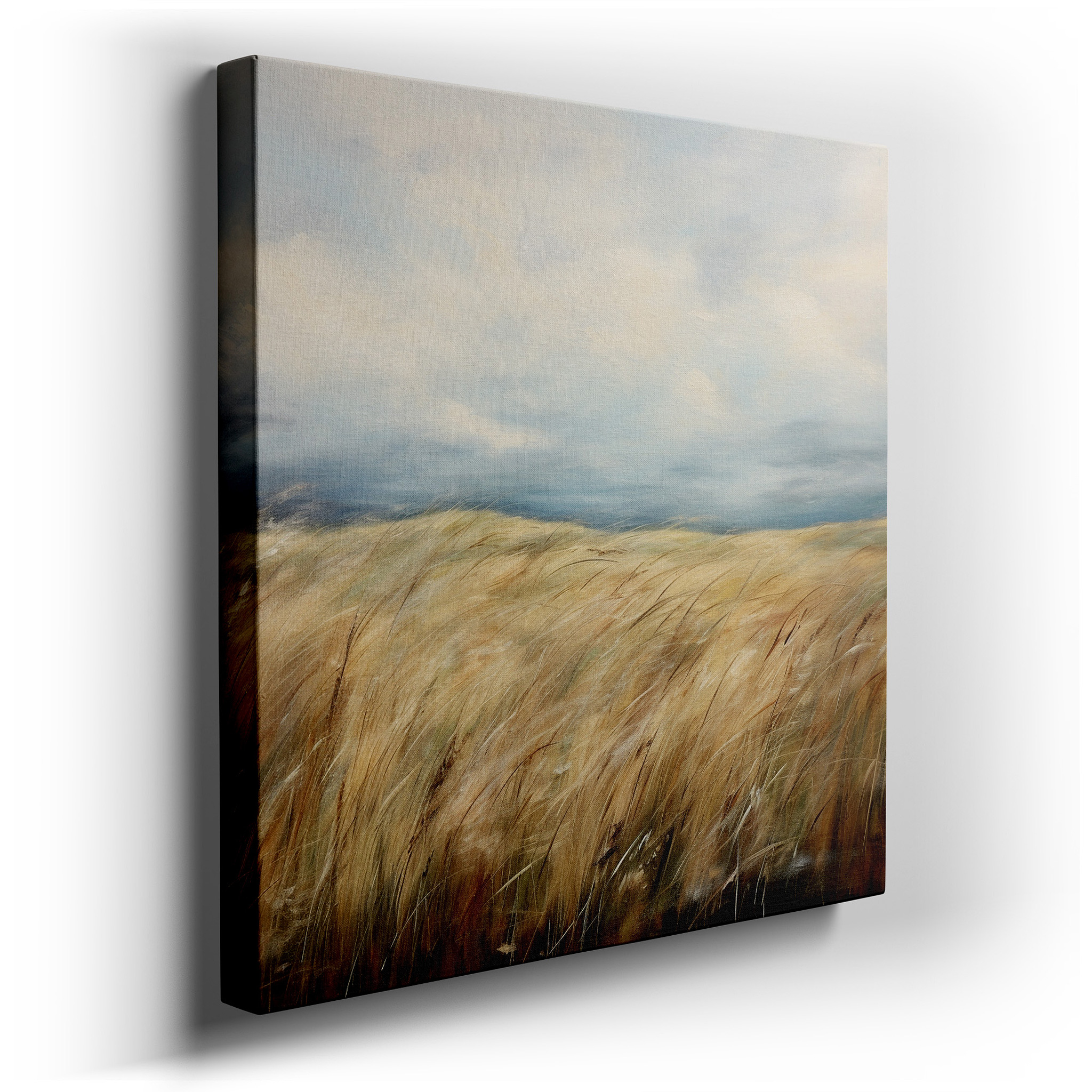 Golden Grasses Beneath a Gentle Blue Sky - Abstract Impressionist Serenity, Large Canvas Wall Art for Home and Office