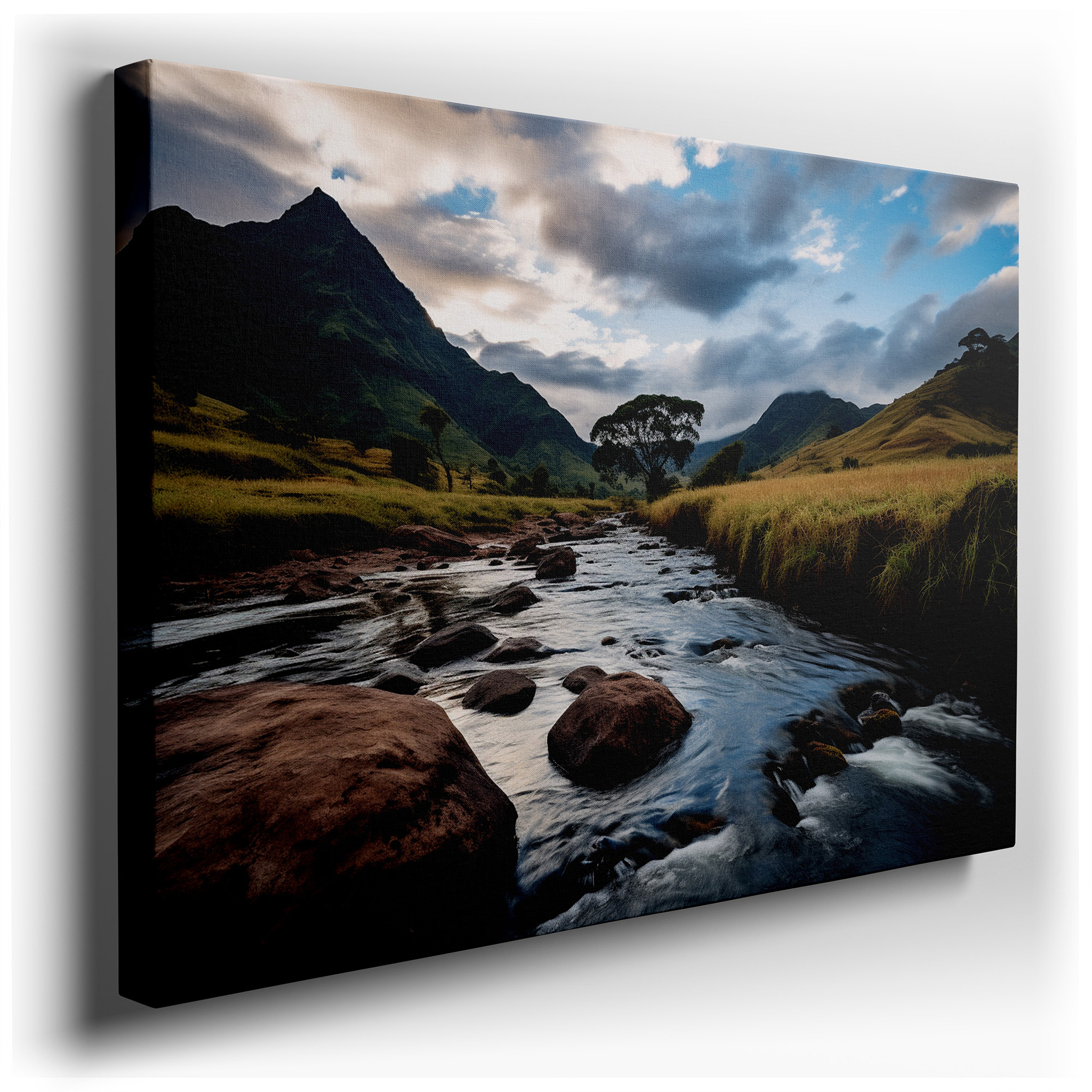 Golden Grasslands at Twilight with Meandering Stream and Dynamic Sunset Sky - Large Canvas Wall Art for Office Decor