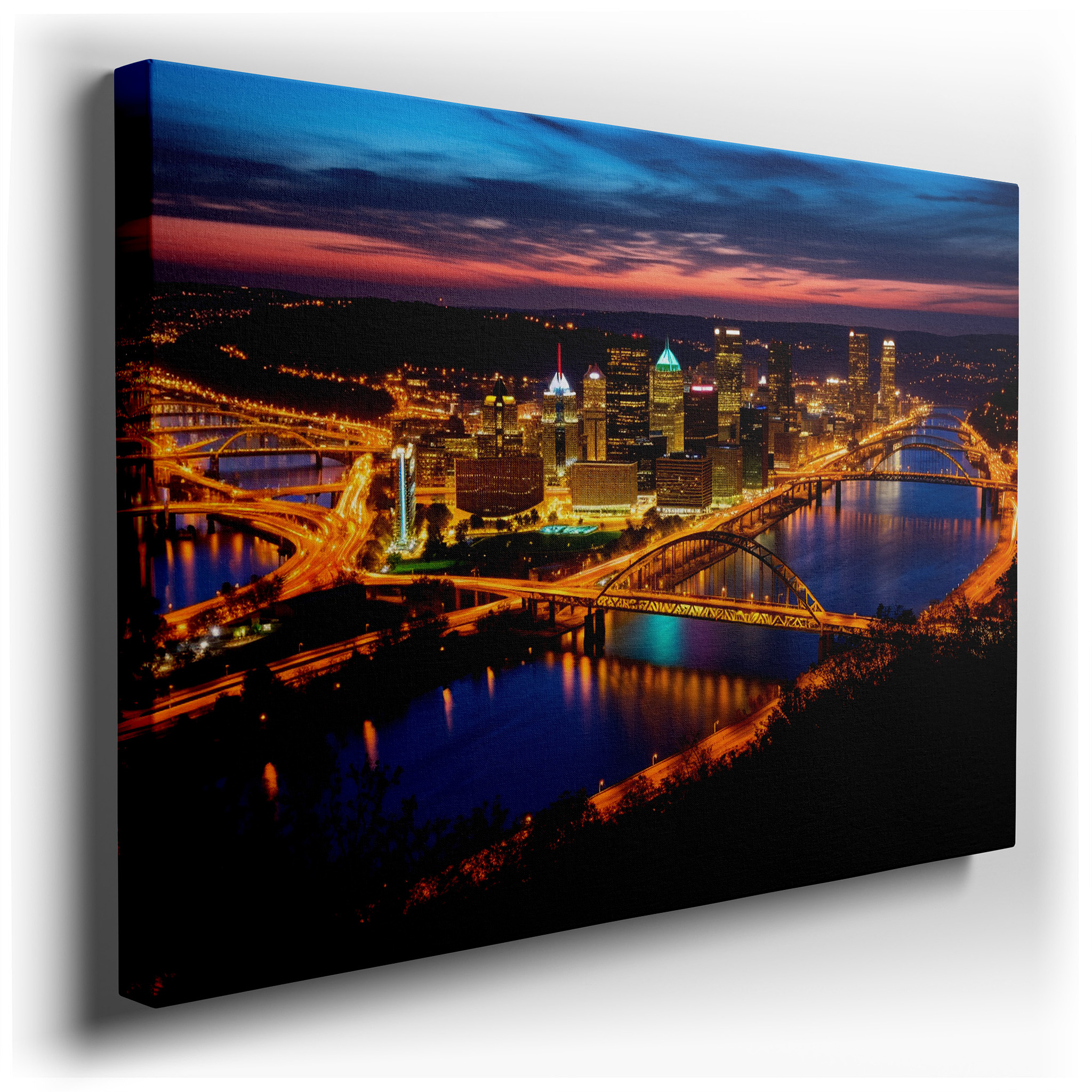 Golden Hour Above Pittsburgh Skyline - A Stunning Fusion of Natural and City Beauty Large Wall Art, Canvas Wall Art,