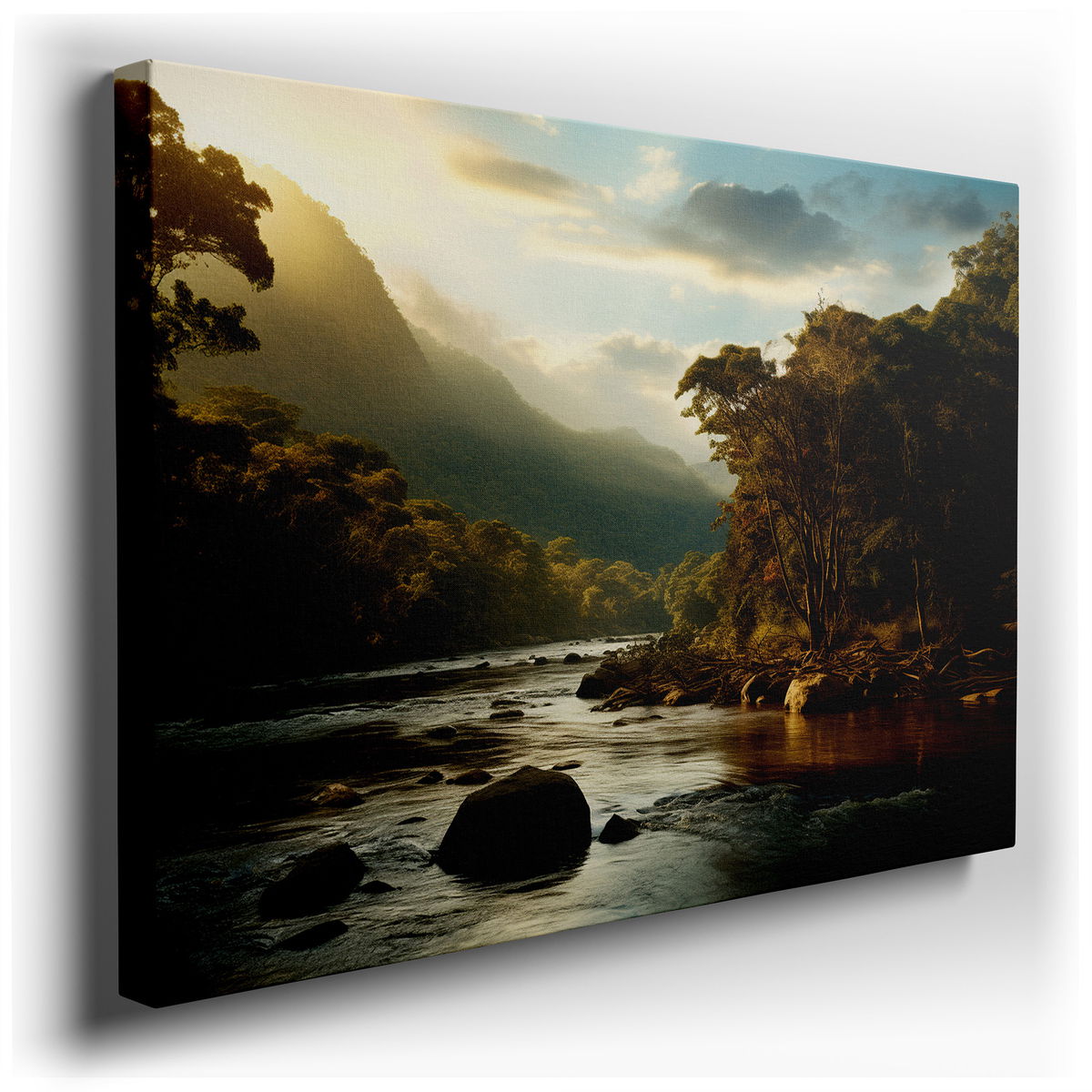 Golden Hour at the Tropical River - Serene Nature Canvas Wall Art