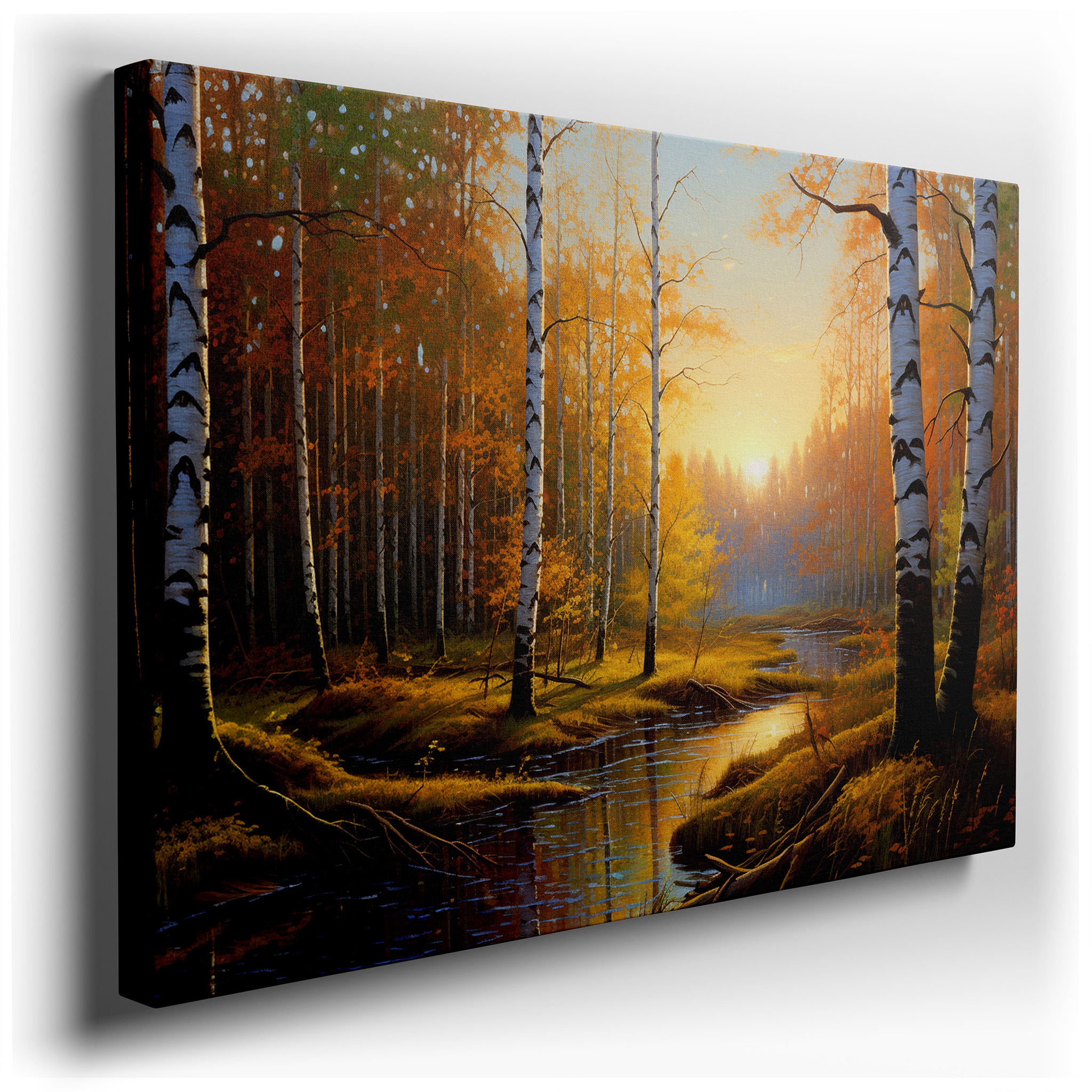 Golden Hour Glow Over Tranquil Birch Forest with Fiery Autumn Leaves Reflecting in a Serene Stream - Large Canvas Wall