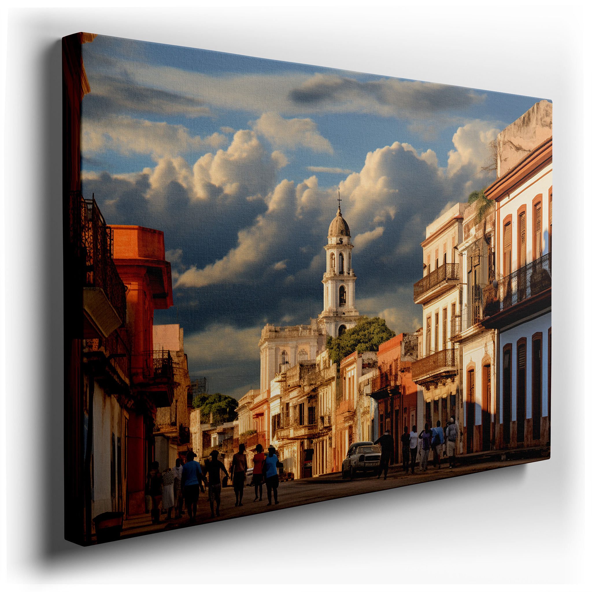 Golden Hour in a Historic Cuban Town: Vibrant Street Scene and Architectural Majesty - Large Canvas Wall Art for Office