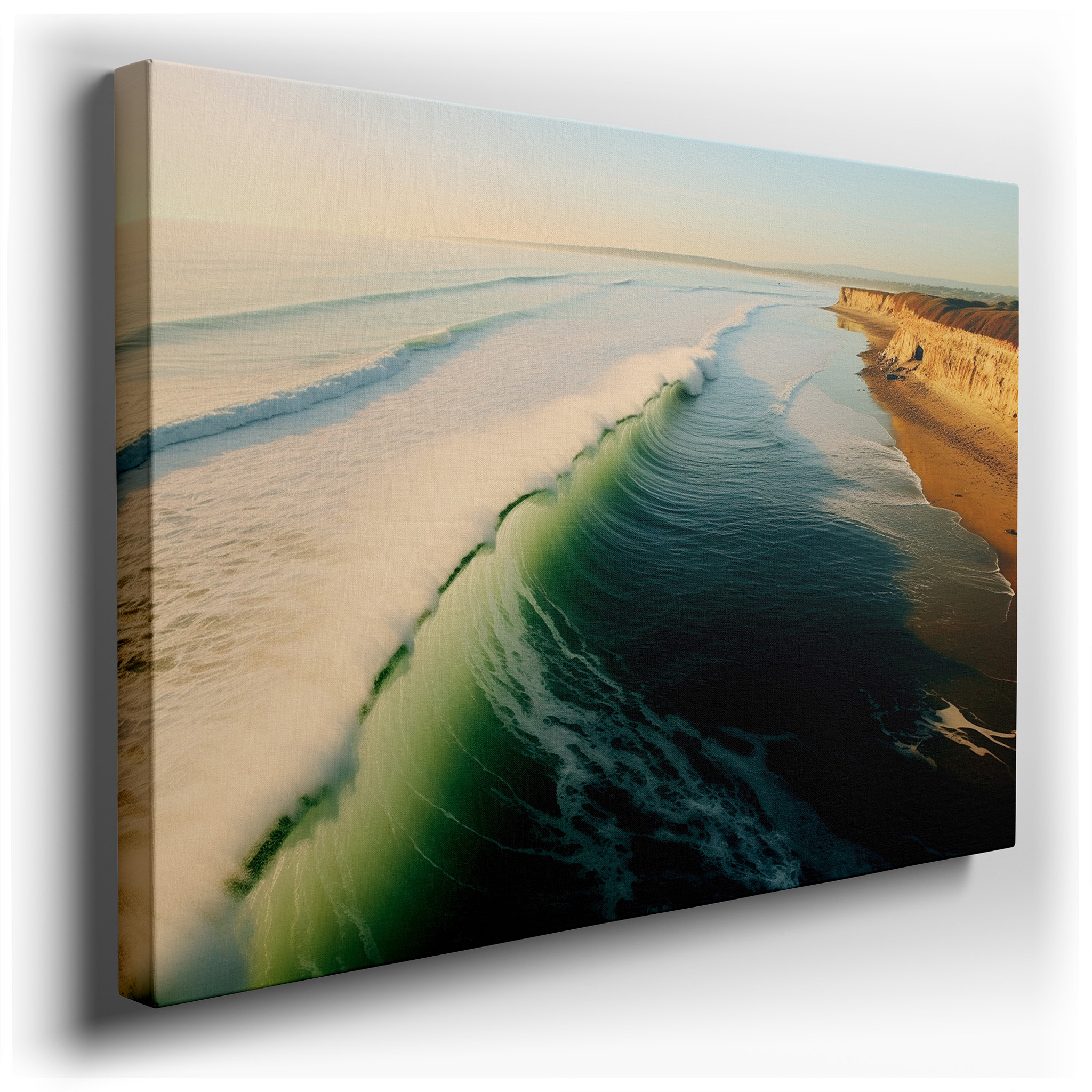 Golden Hour Serenity: Tranquil Aerial Coastal Landscape - Large Canvas Wall Art for Office and Bedroom Decor wrapped
