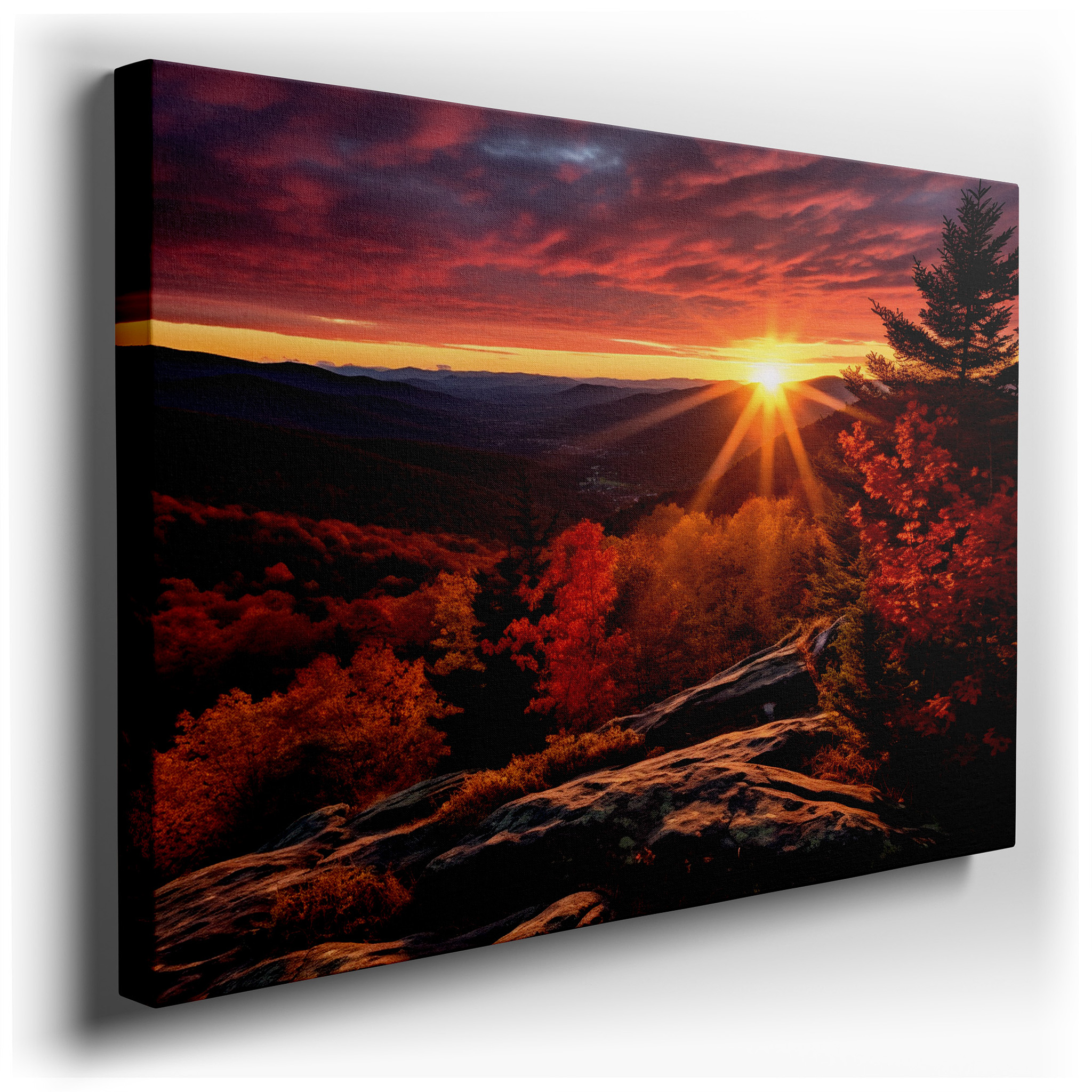Golden Hour Sunset Over Majestic Mountains Amidst Autumn's Vibrant Tapestry Large Wall Art, Canvas Wall Art, Wall Art