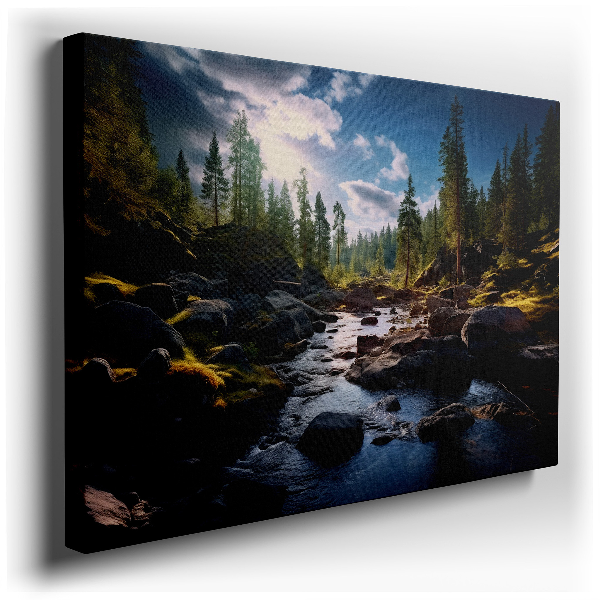 Golden Hour Tranquil Riverscape with Serene Reflections and Verdant Pines, Large Canvas Wall Art for Office and Bedroom