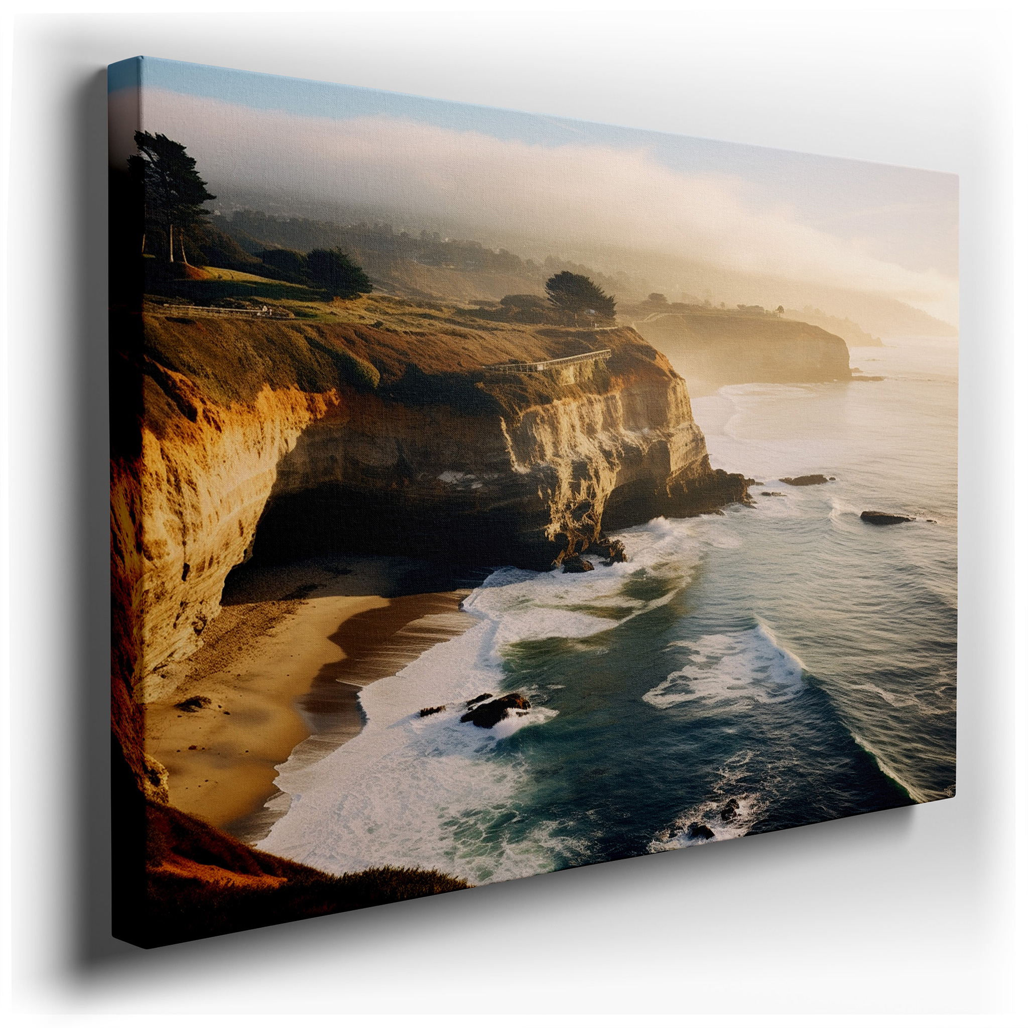 Golden Morning Light on Coastal Cliffs: Serene Land and Sea Interaction Large Wall Art, Canvas Wall Art, Wall Decor,