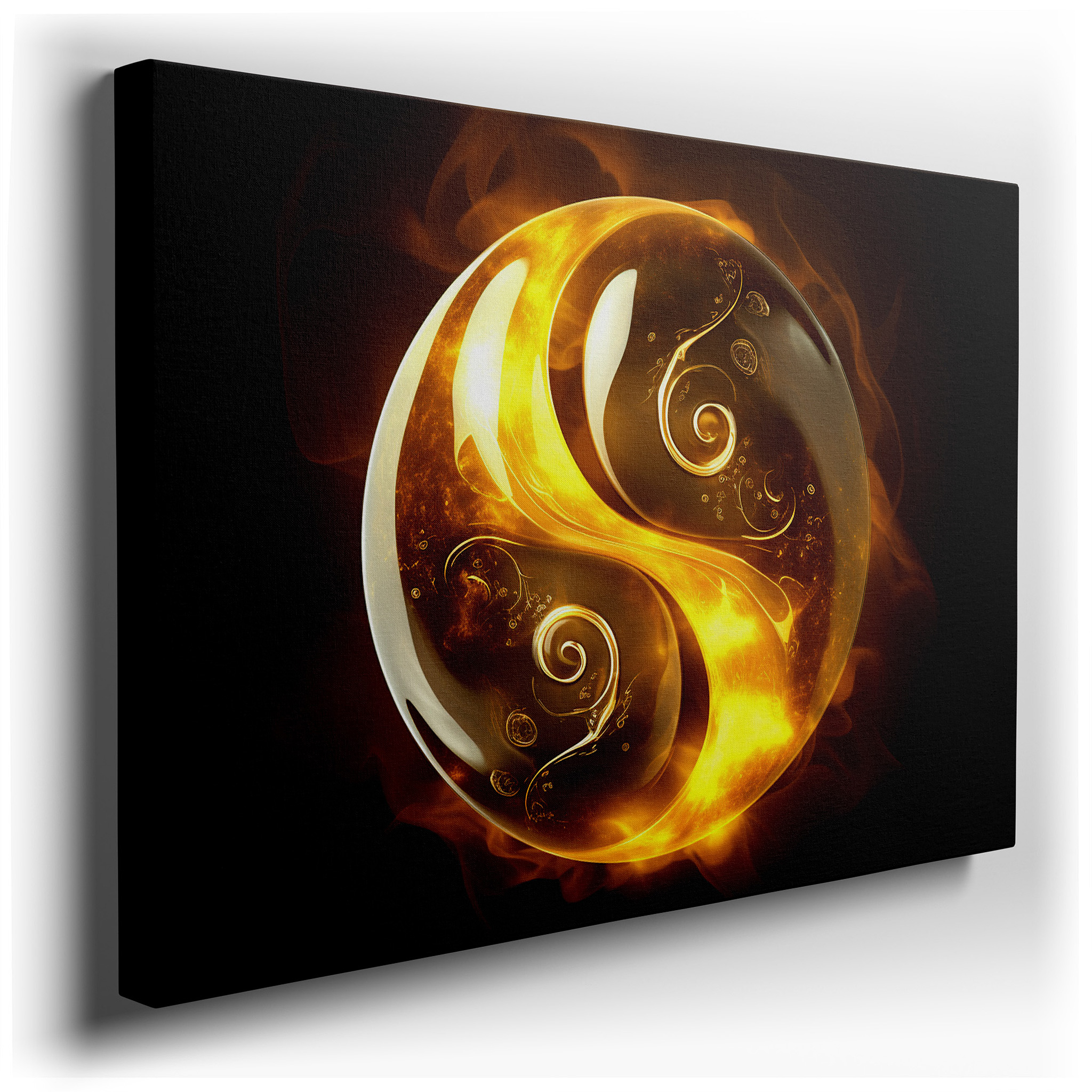 Golden Orb Wall Art: Featuring Intricate Spirals, this Abstract Canvas Exudes Warmth and Energy, Perfect for Home or