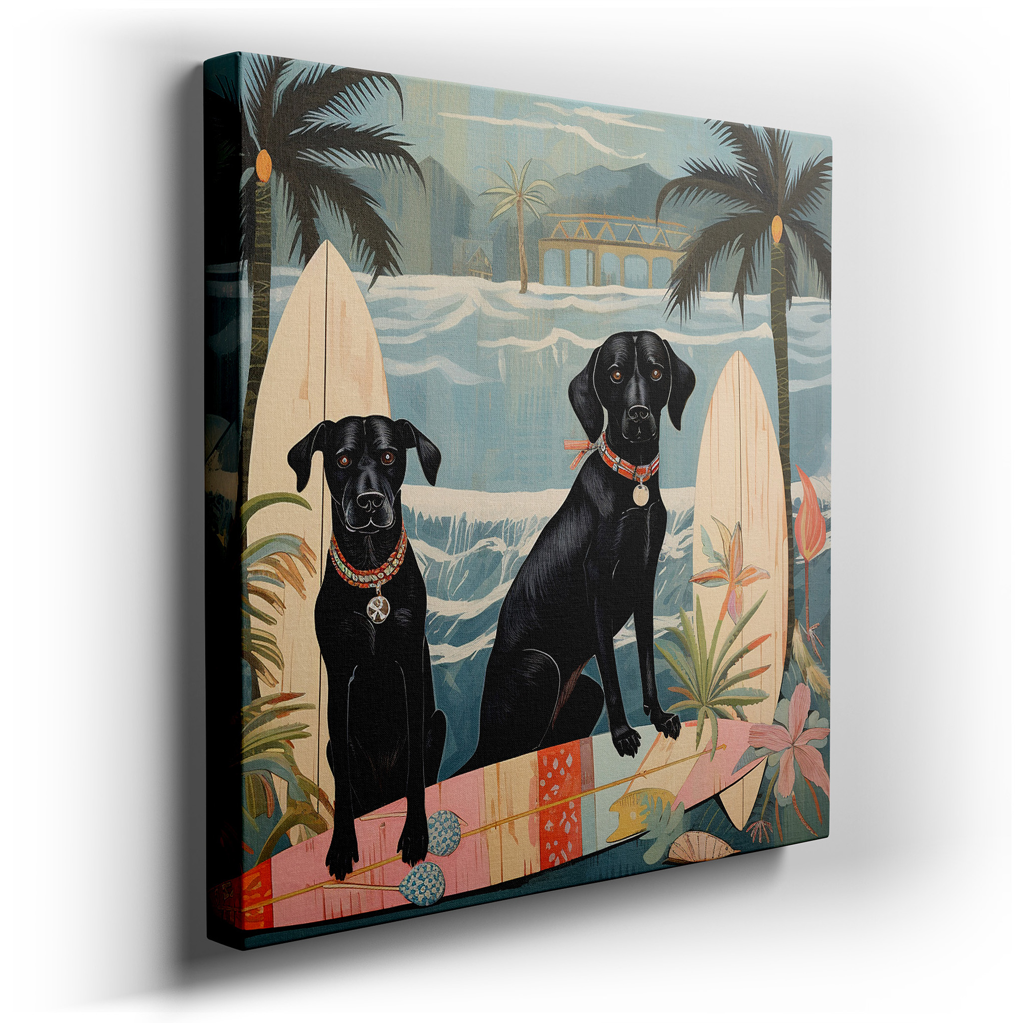Golden Retriever and Bulldog Surfing in Tropical Paradise Large Canvas Wall Art for Office and Bedroom Decor wrapped