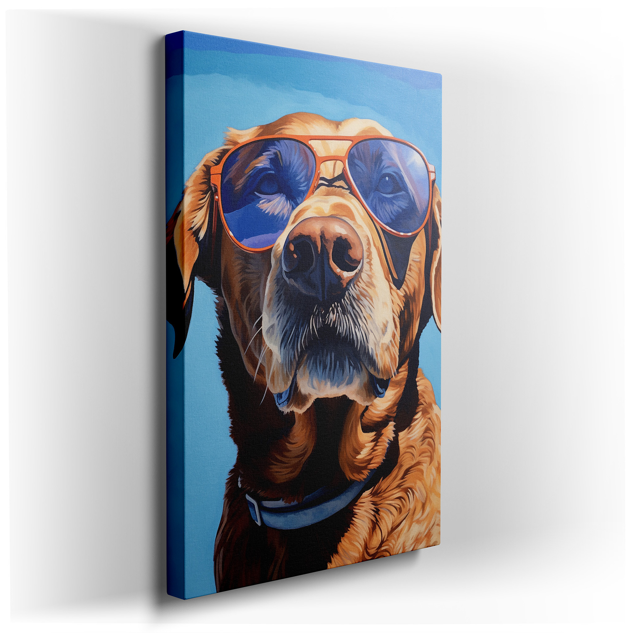Golden Retriever in Sunglasses Exudes Summer Bliss on a Bright Blue Sky Background - Large Wall Art, Canvas Wall Art,