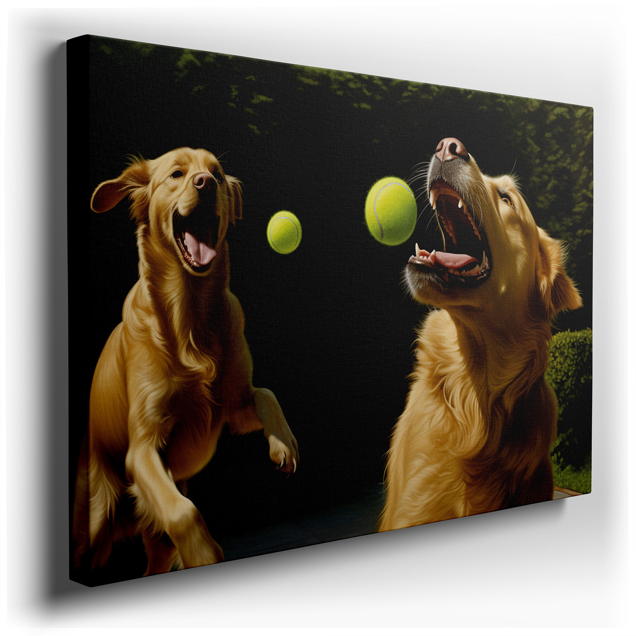 Golden Retrievers Frolicking in a Vibrant Green Landscape: A Lively Display of Happiness and Energy - Large Wall Art,
