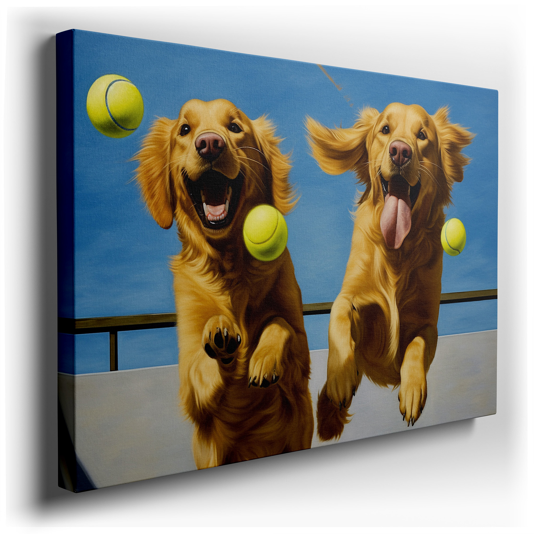 Golden Retrievers Joyfully Chasing Tennis Balls in a Sunlit Field - Large Canvas Wall Art for Office, Bedroom, and