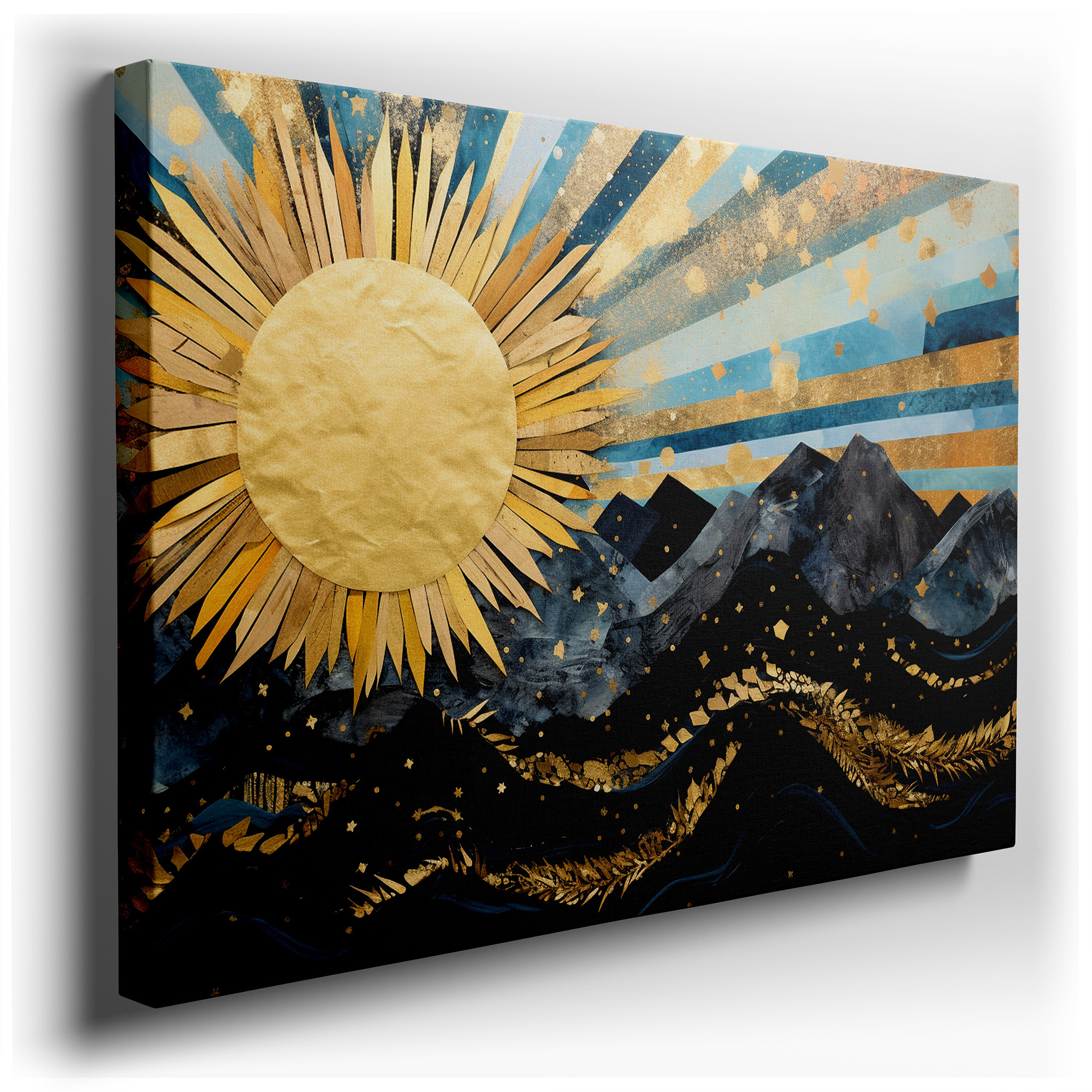 Golden Sunlight Over Majestic Mountains and Rhythmic Ocean Waves: Large Canvas Wall Art for Office and Bedroom Decor