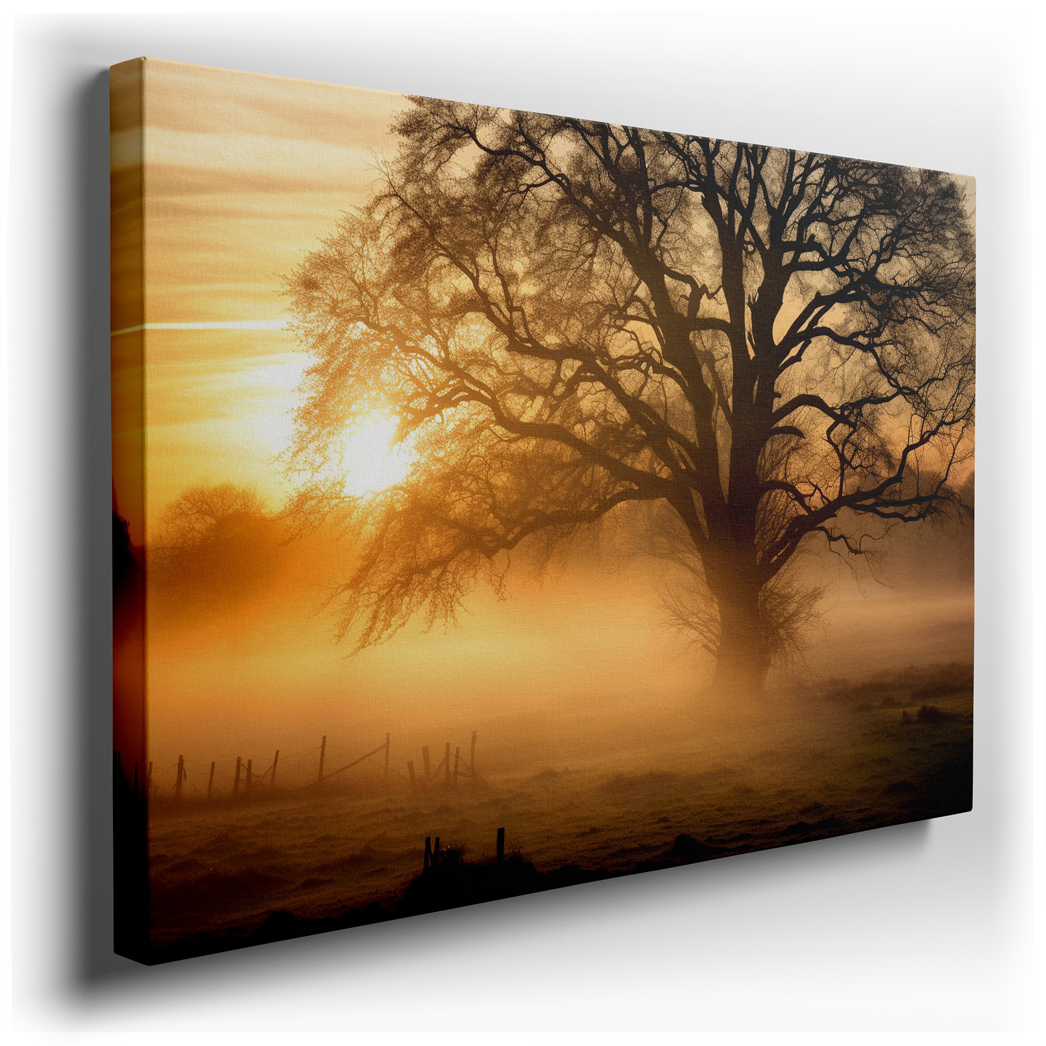 Golden Sunrise and Majestic Tree Silhouette Canvas Wall Art, Embracing Dawn's Warmth and Mystery, Large Wall Decor for