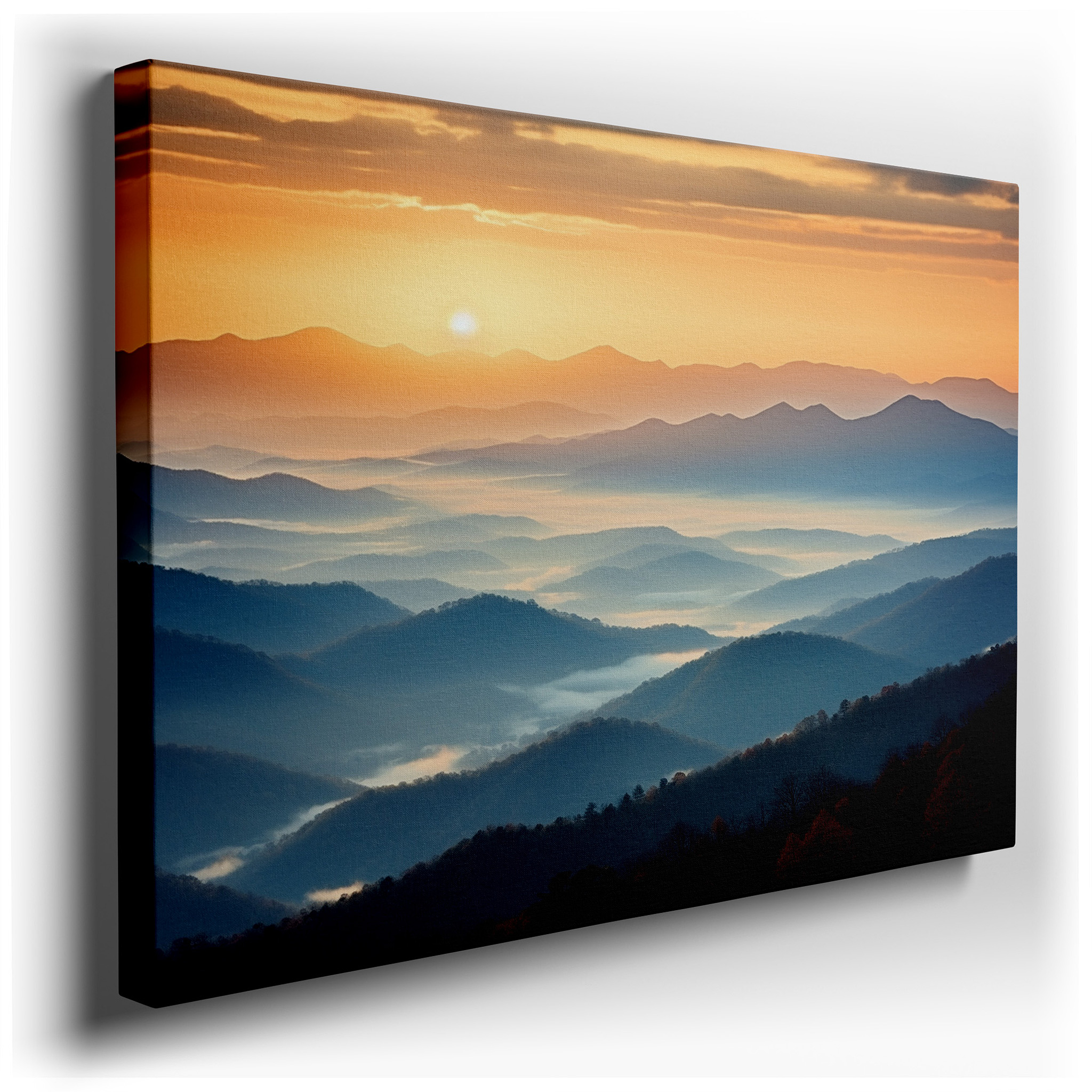 Golden Sunrise and Mist Over Layered Peaks - Large Canvas Wall Art for Office, Bedroom, and Living Room Decor wrapped