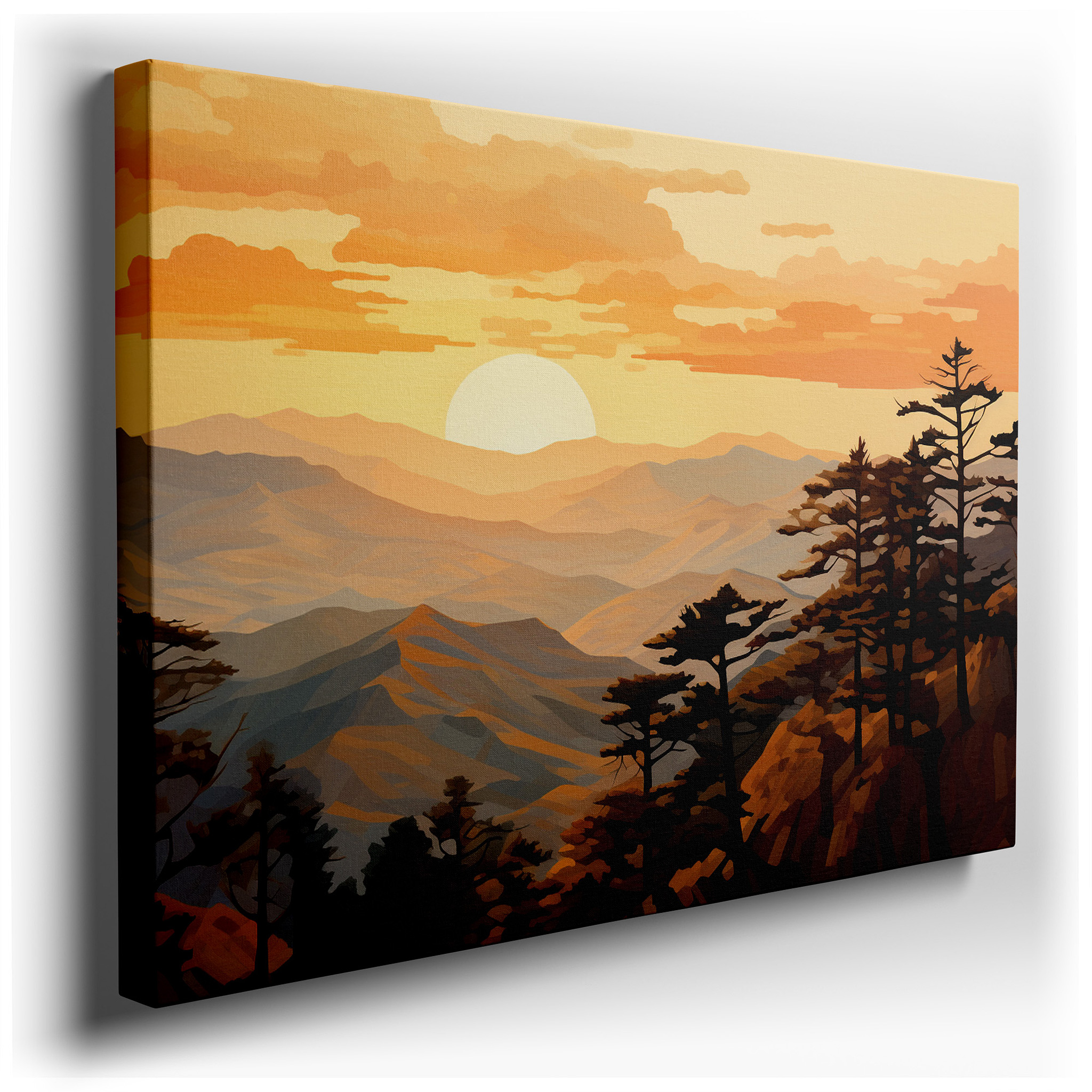 Golden Sunrise Over Majestic Mountains: A Vivid Landscape of Light and Shadow - Large Canvas Wall Art for Office and