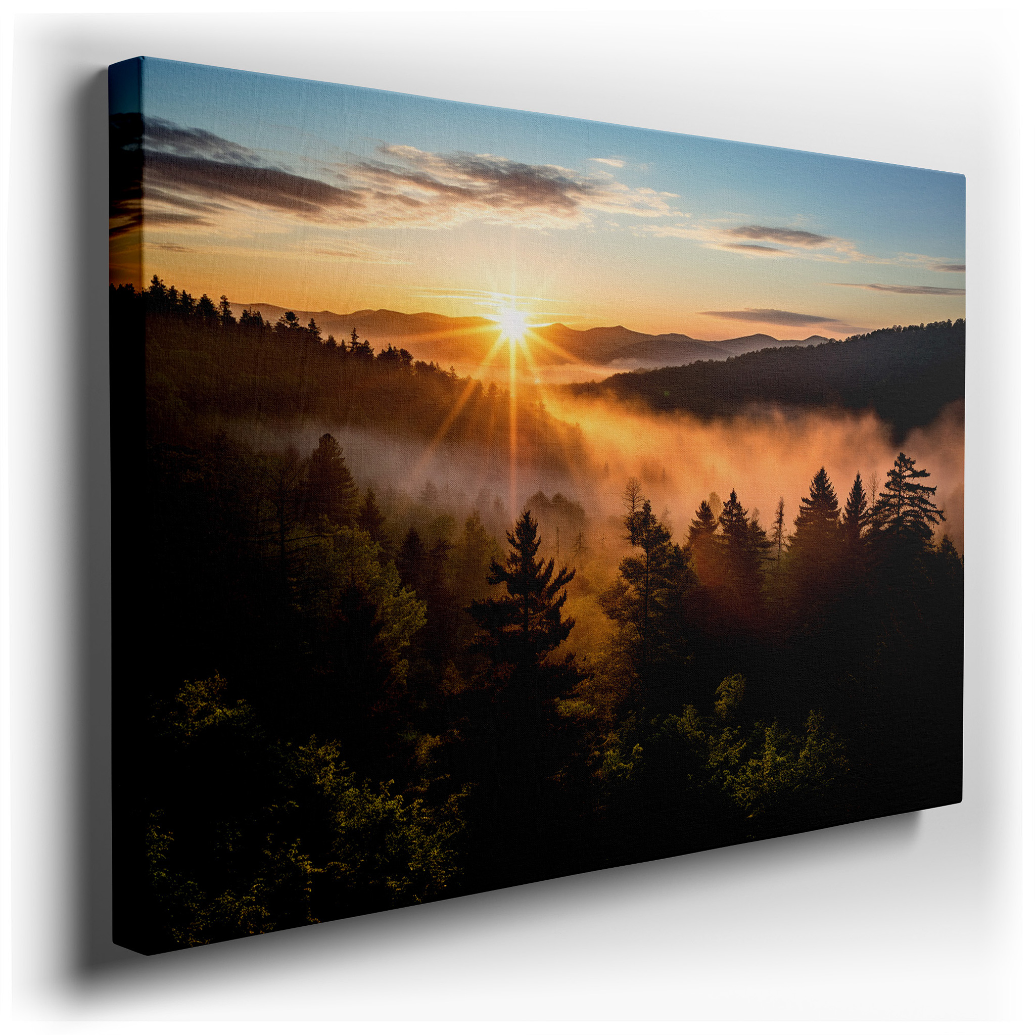 Golden Sunrise Over Misty Valley with Lush Trees and Majestic Mountains - Large Canvas Wall Art for Office and Bedroom