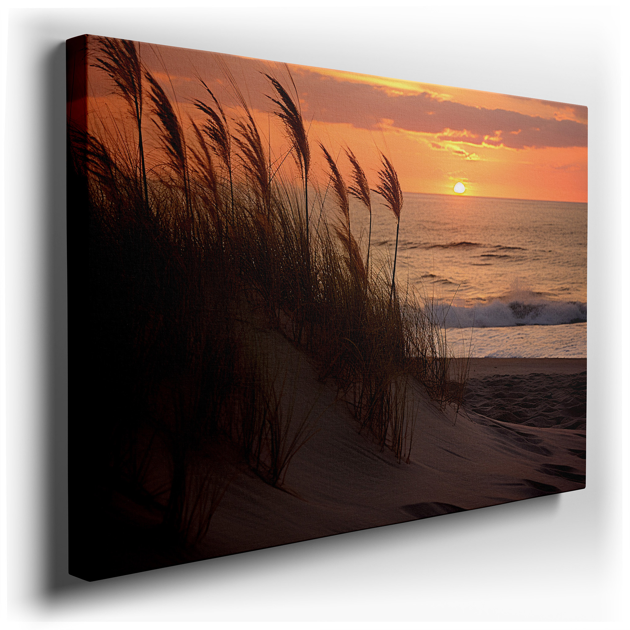 Golden Sunset Above Sandy Dunes Featuring Swaying Grass and Calming Sea Waves - Large Canvas Wall Art for Office and