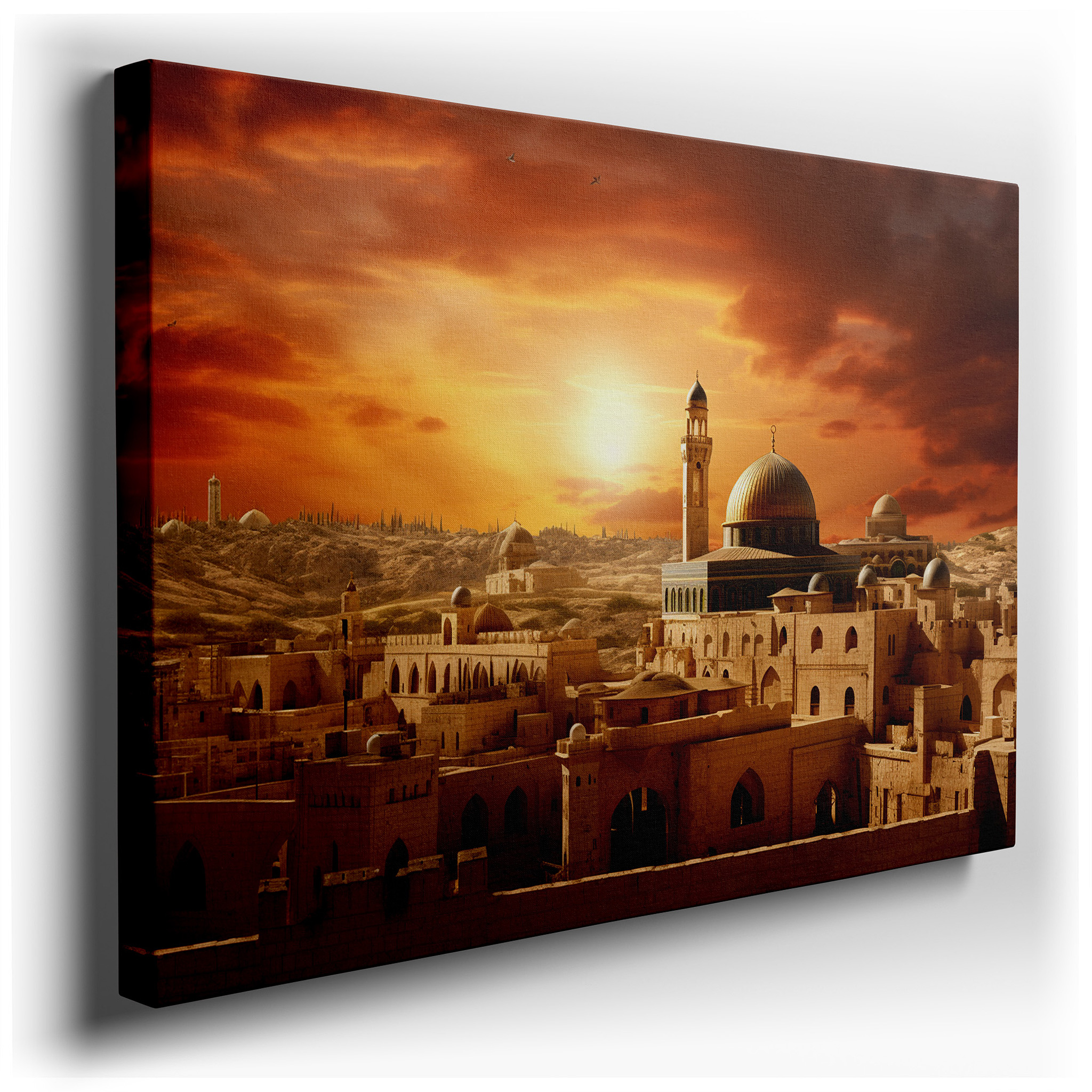 Golden Sunset Above the Dome of the Rock: A Gleaming Emblem of Jerusalem's Timeless Spirit - Large Wall Art, Canvas