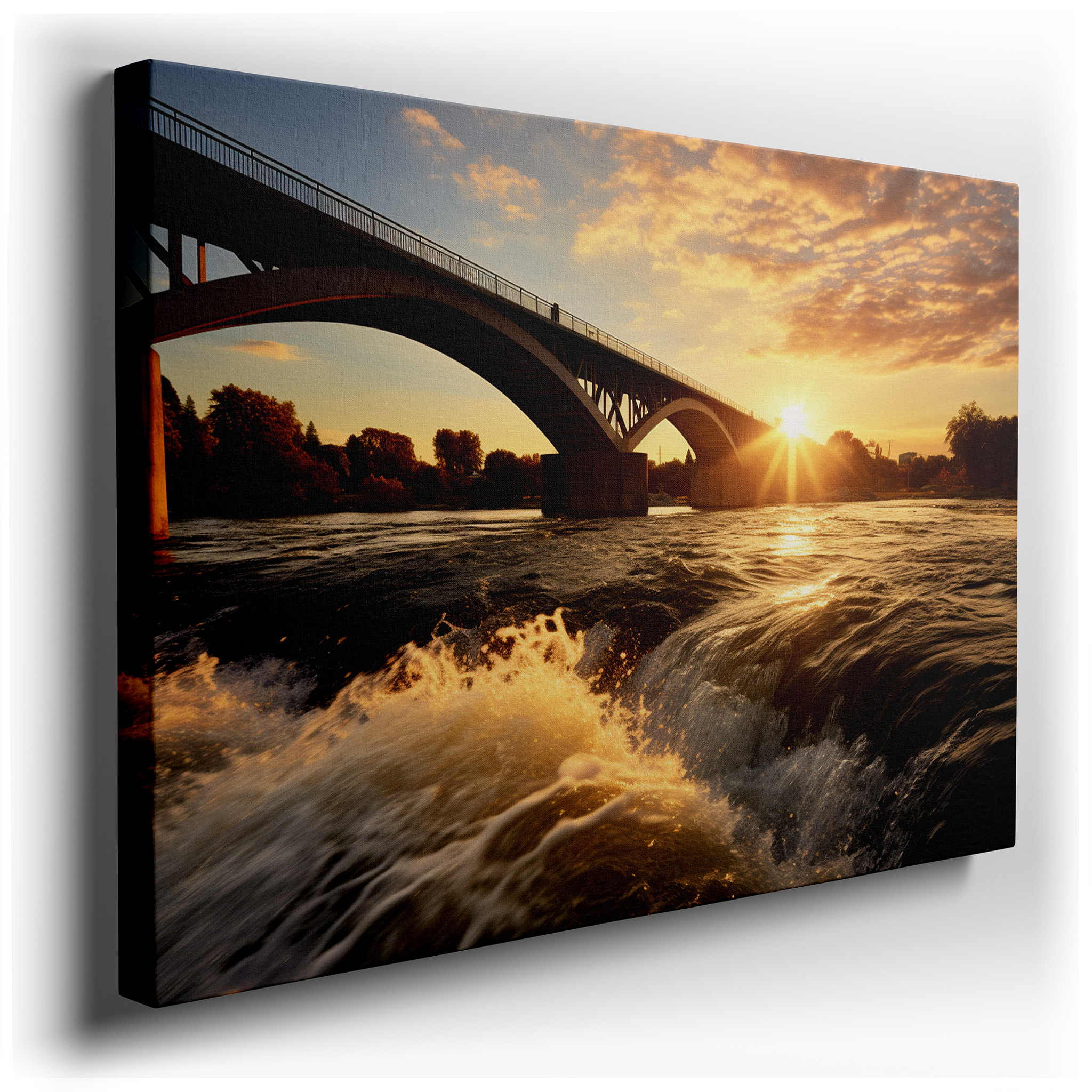 Golden Sunset and Silhouetted Bridge Wall Art: Large Canvas for Office, Bedroom, and Living Room Decor wrapped canvas -