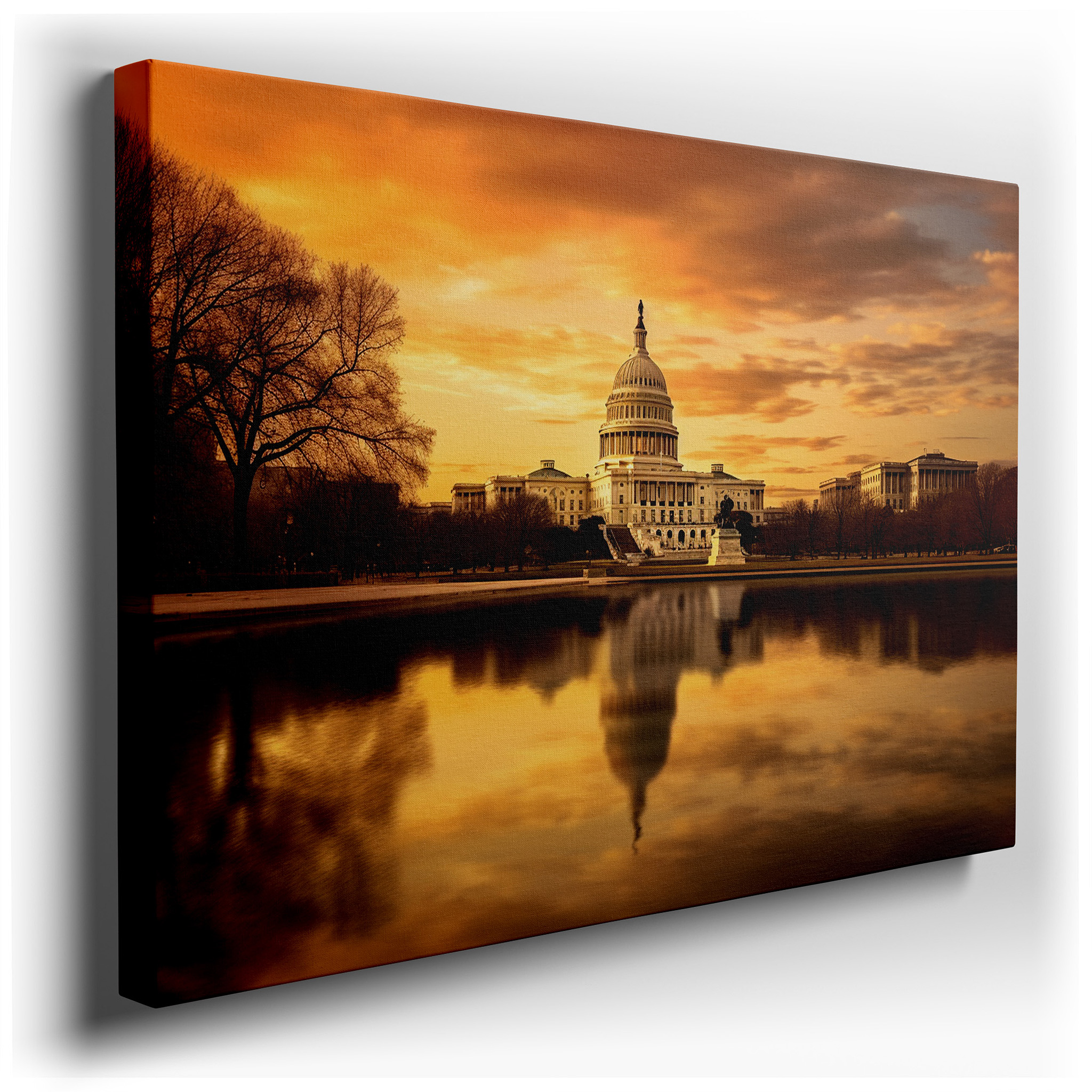 Golden Sunset at the U.S. Capitol with the Reflecting Pool as a Serene Mirror, Symbolizing the Strength of Democracy -