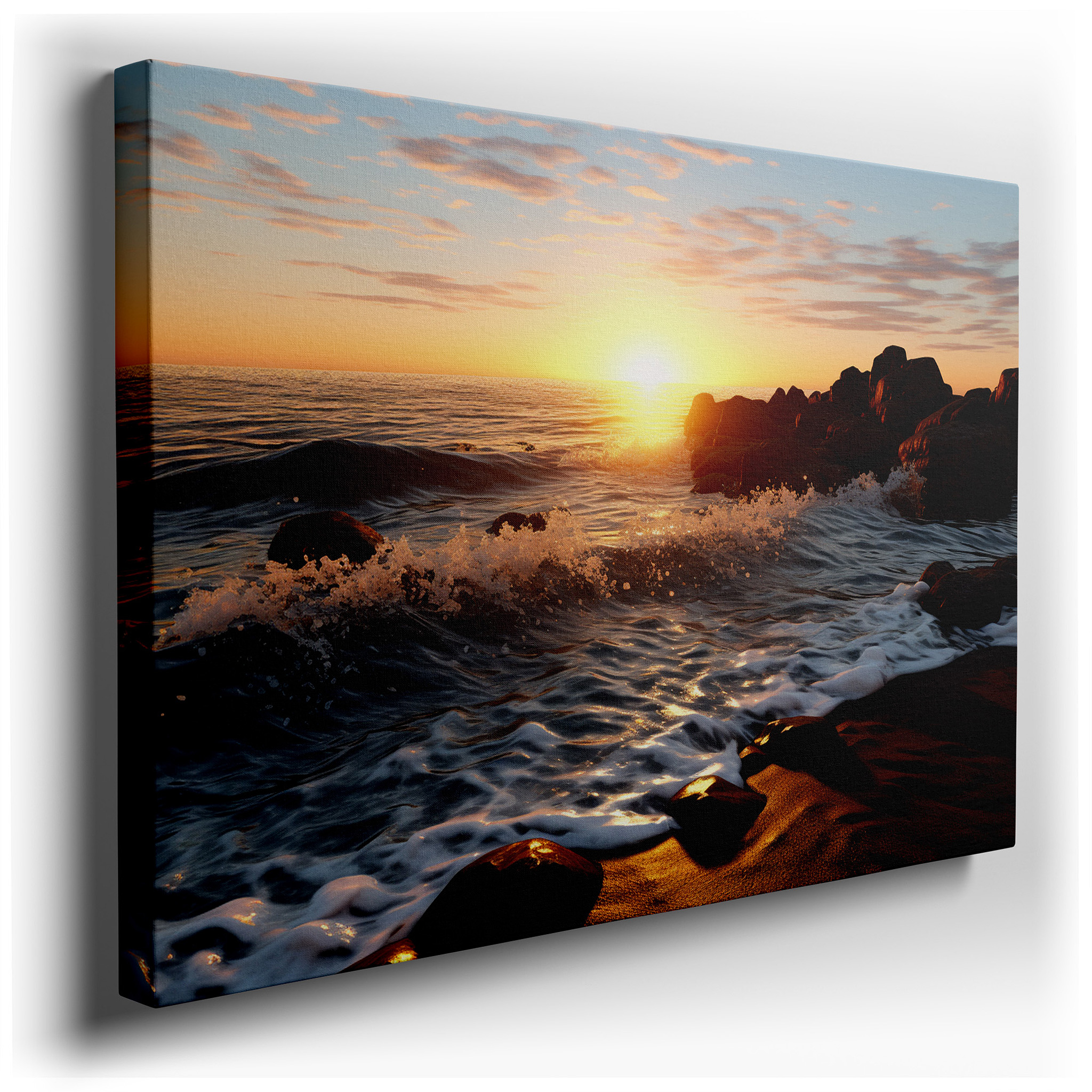 Golden Sunset Embrace Over Tranquil Sea - Serene Coastal Symphony Large Wall Art, Canvas Wall Art, Wall Decor for