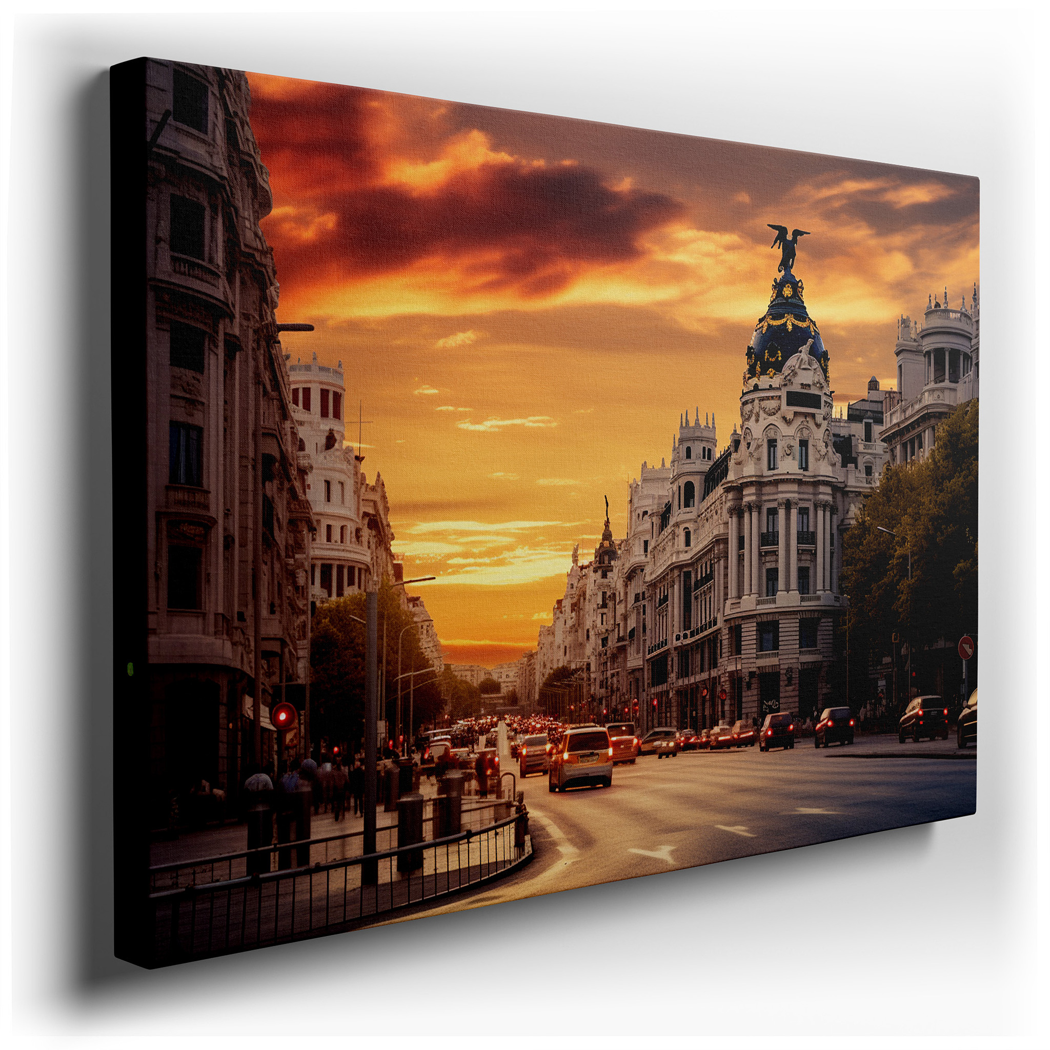 Golden Sunset on Historic European Street: A Blend of Architectural Grandeur and Celestial Charm - Large Wall Art,