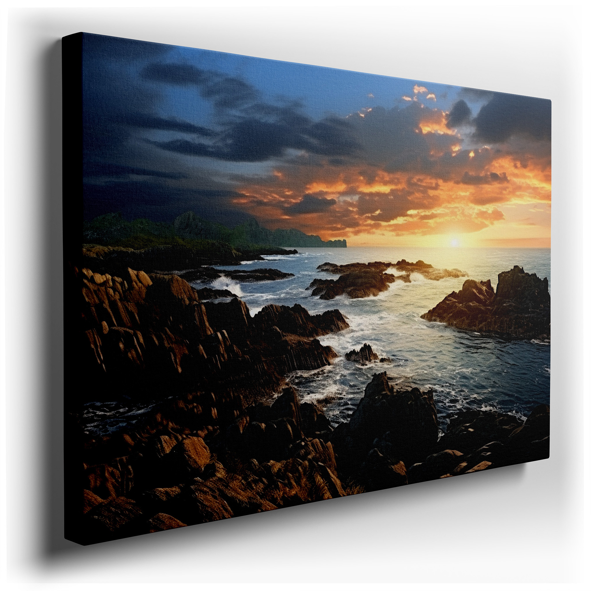 Golden Sunset on Rugged Coastline: A Vivid Symphony of Light and Shadow - Large Canvas Wall Art for Home and Office