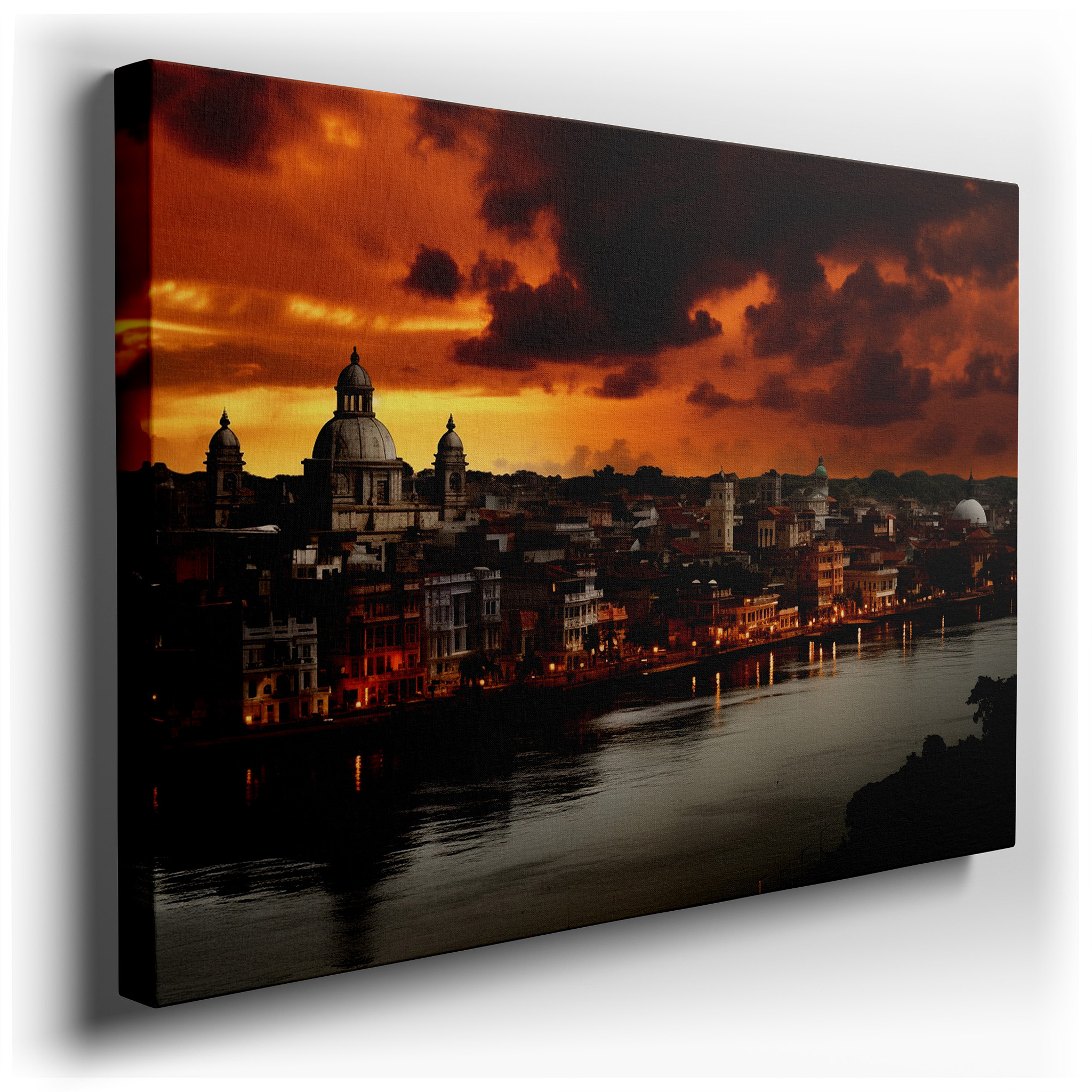 Golden Sunset Over Historic Cityscape Wall Art: A Vivid Interplay of Light and Architecture - Large Canvas Wall Art for