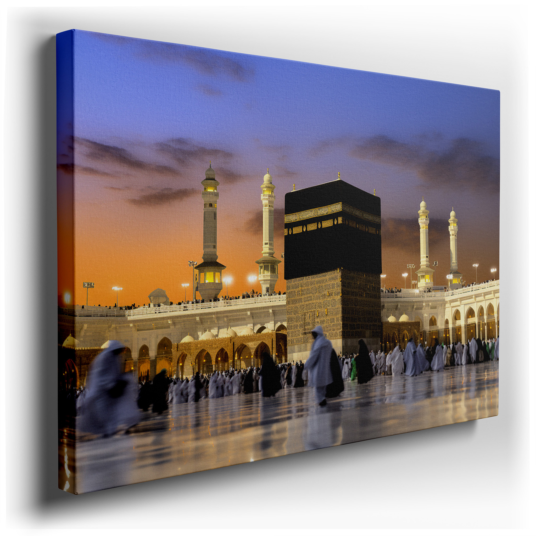 Golden Sunset Over Kaaba Canvas Print Featuring Devout Worshippers in Mecca - Ideal for Office, Living Room, or Bedroom