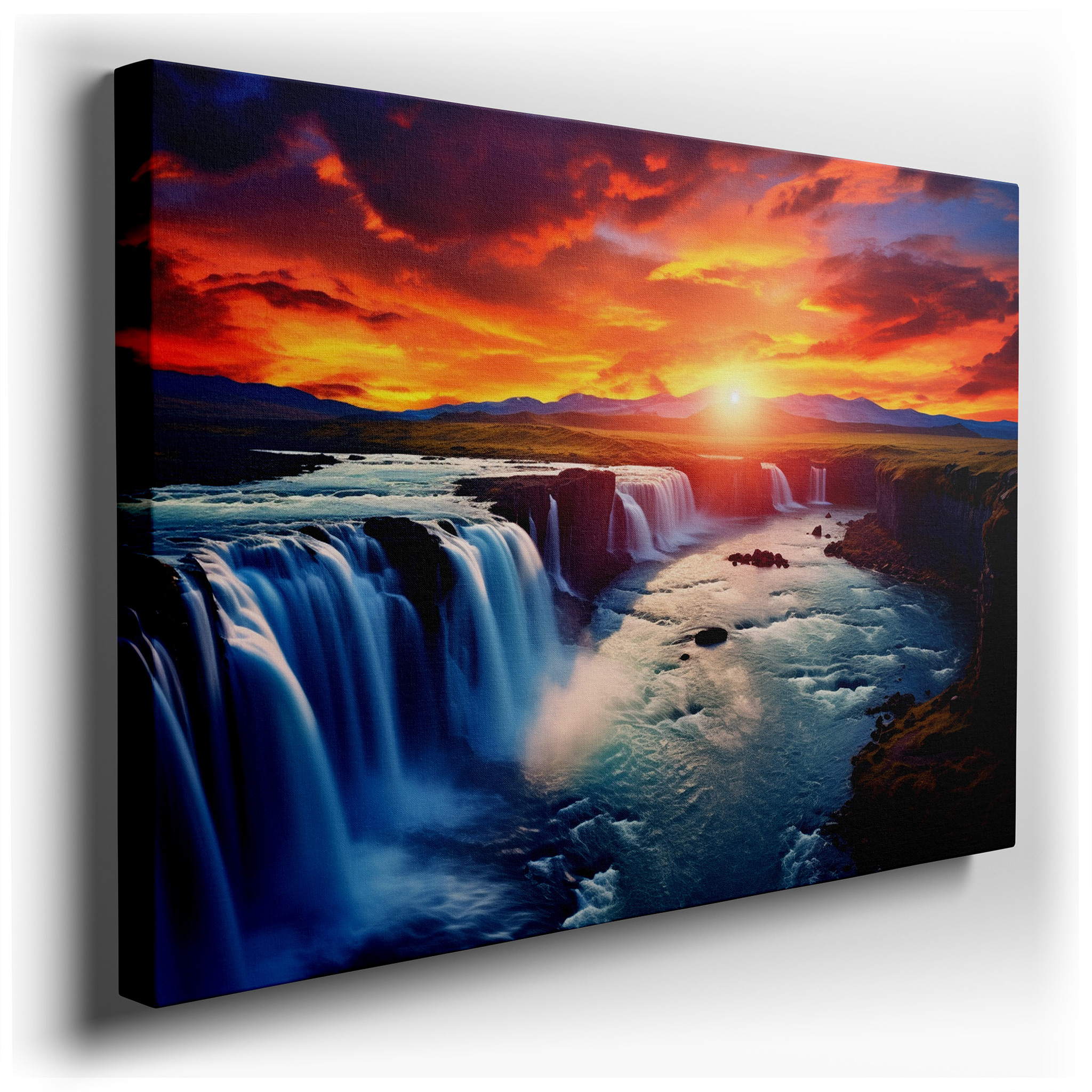 Golden Sunset Over Majestic Waterfalls and Tranquil River Surrounded by Lush Scenery Large Canvas Wall Art for Office