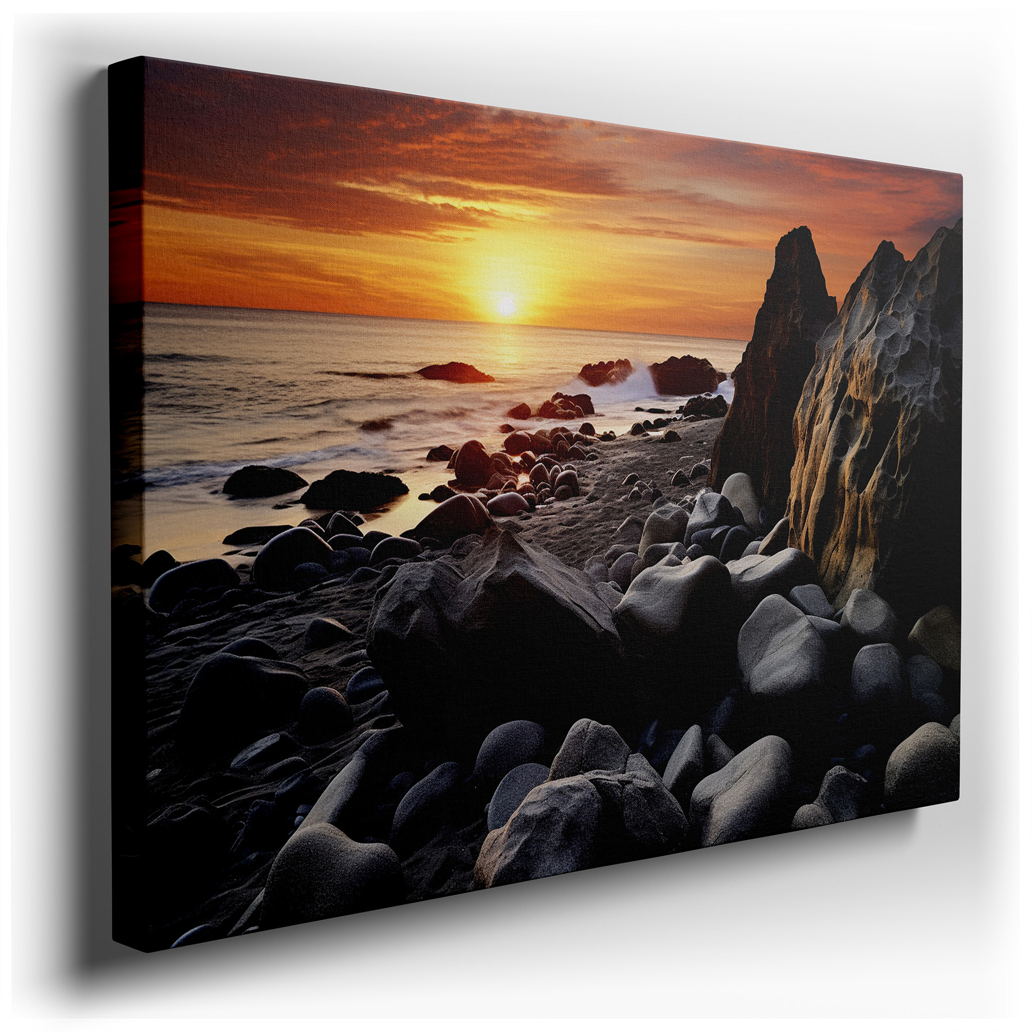 Golden Sunset Over Rugged Coastline, Tranquil Coastal Evening Large Wall Art, Canvas Wall Art, Wall Decor for Office
