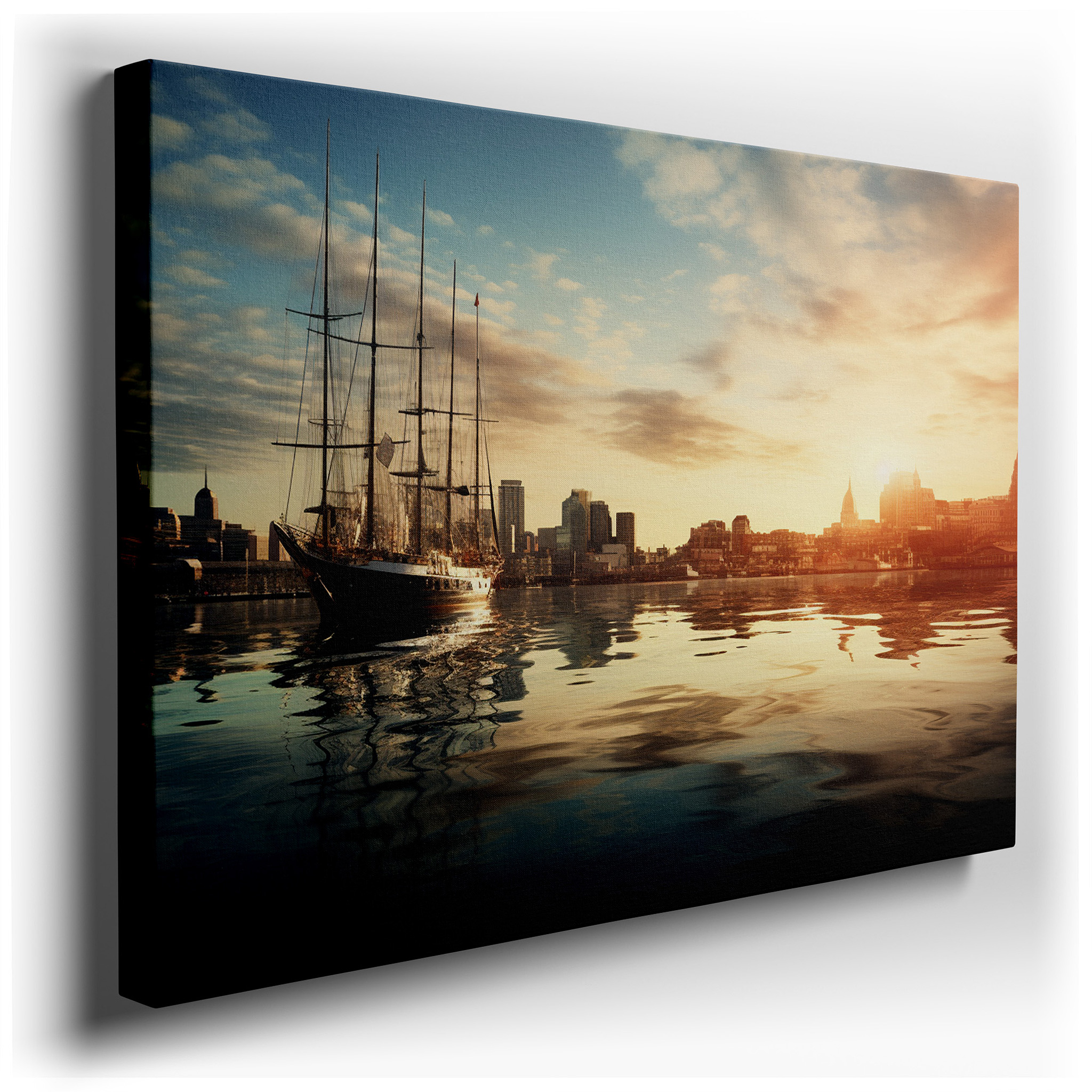 Golden Sunset Reflection: Serene Maritime and Bustling Cityscape Large Wall Art, Canvas Decor for Office and Bedroom