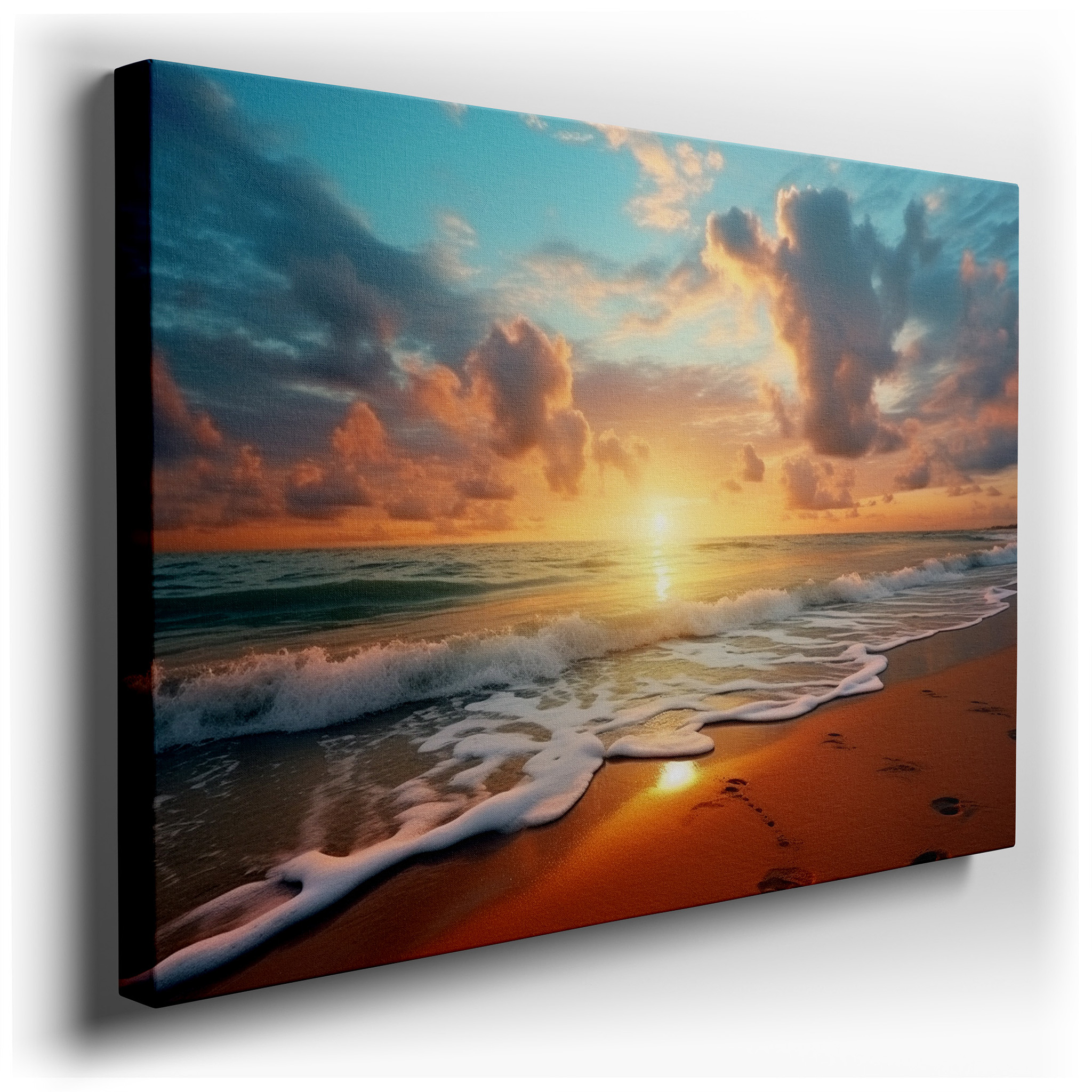 Golden Sunset Serenity with Tranquil Ocean Waves - Large Canvas Wall Art for Office and Bedroom Decor wrapped canvas -