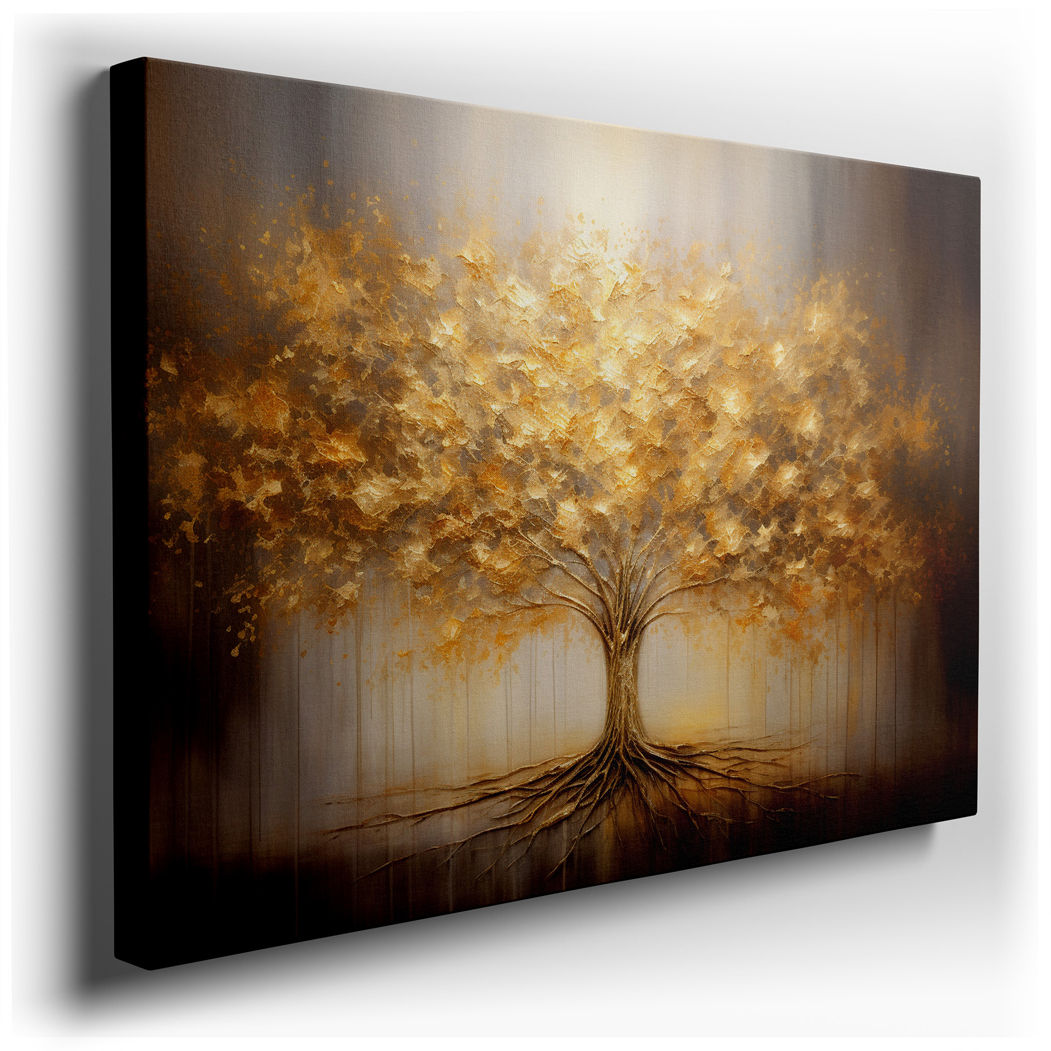 Golden Tree of Life and Prosperity Radiant Large Canvas Wall Art for Office, Bedroom, and Living Room Decor wrapped