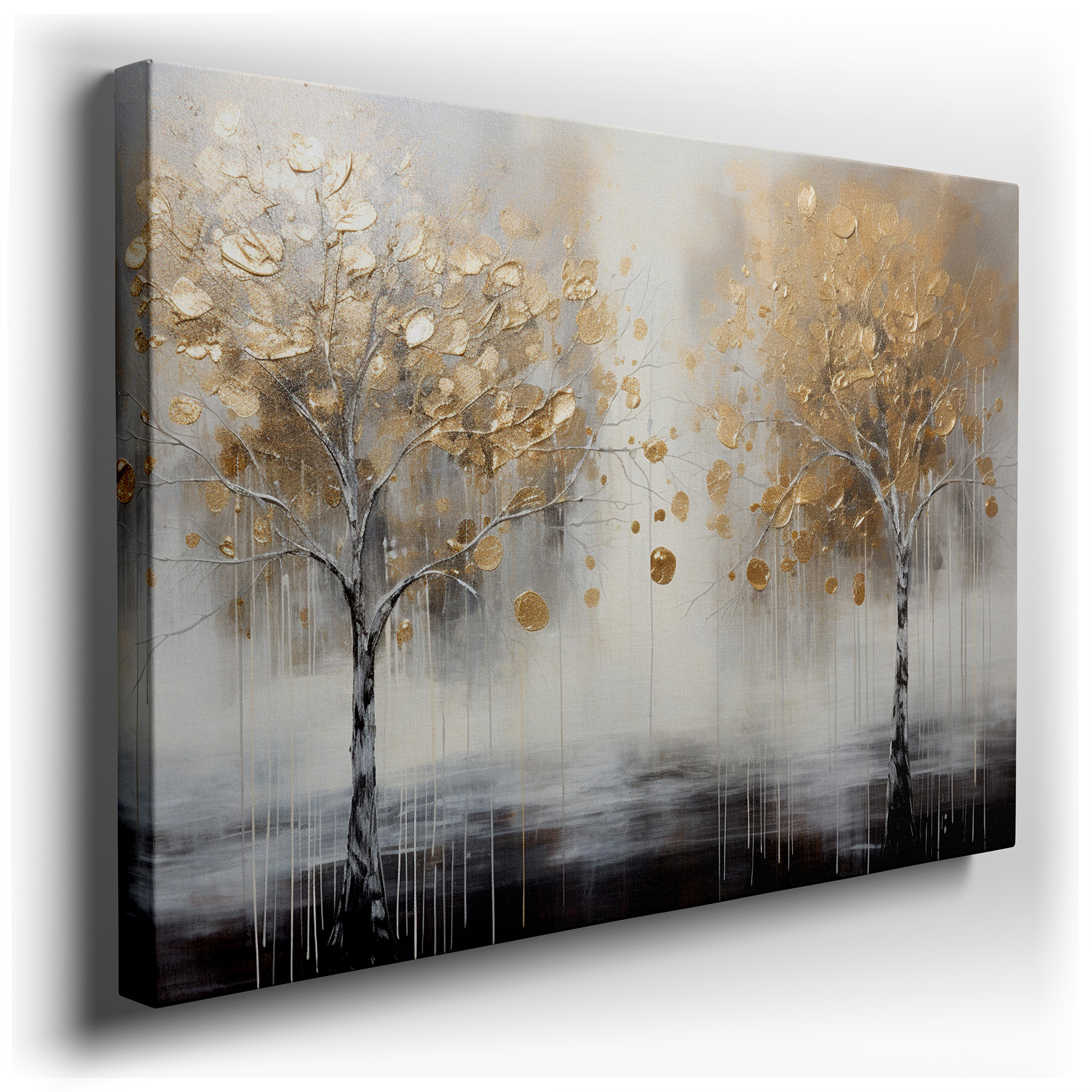 Golden Trees Reaching Towards the Sky in a Dreamlike, Textured Scenery Large Wall Art, Canvas Wall Art, Wall Decor for