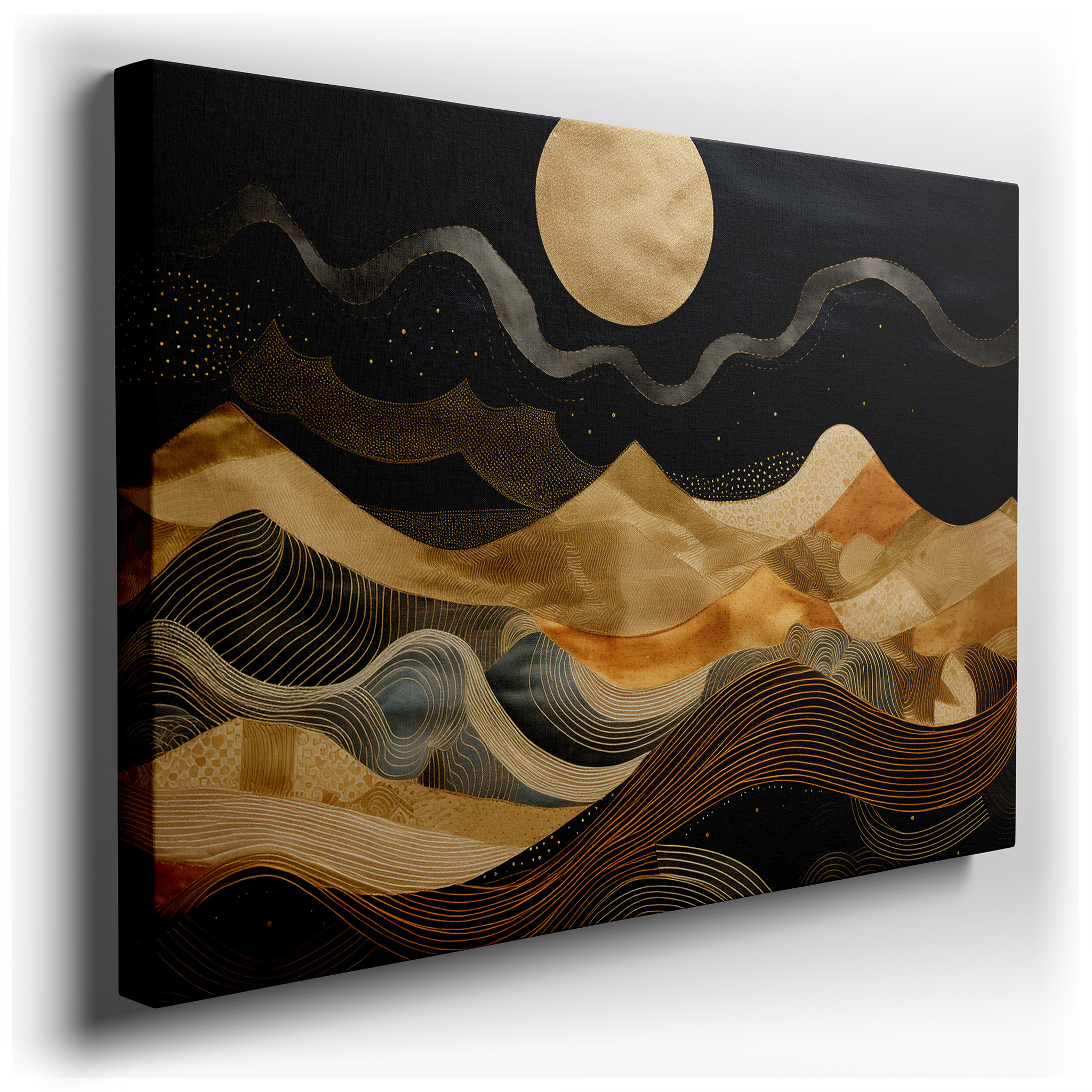 Golden Waves and Bright Moon in a Mysterious Abstract Landscape, Large Canvas Wall Art for Home and Office Decor