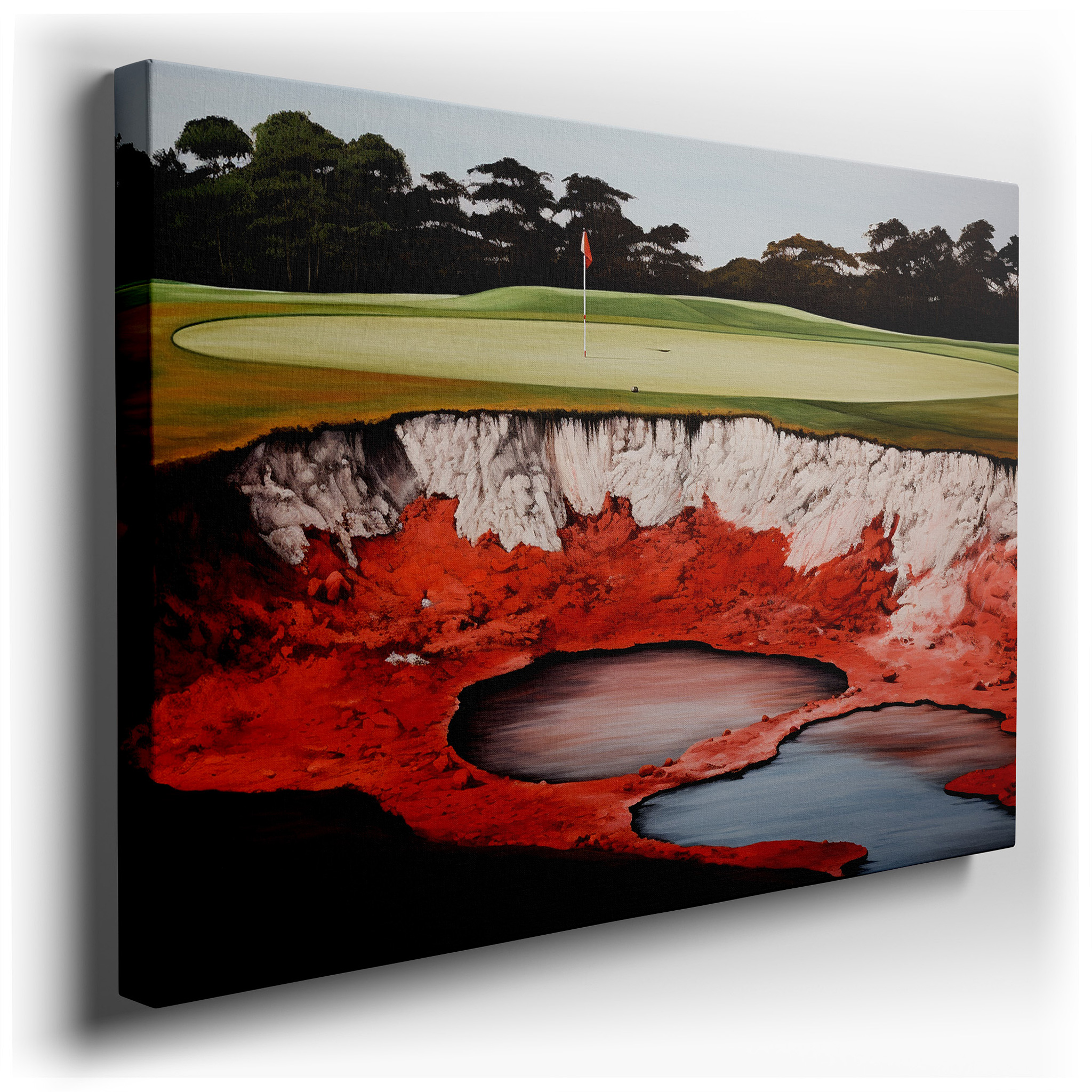 Golf Course Elegance and Geological Drama Wall Art Featuring Central Sinkhole, Large Canvas Wall Art for Office and