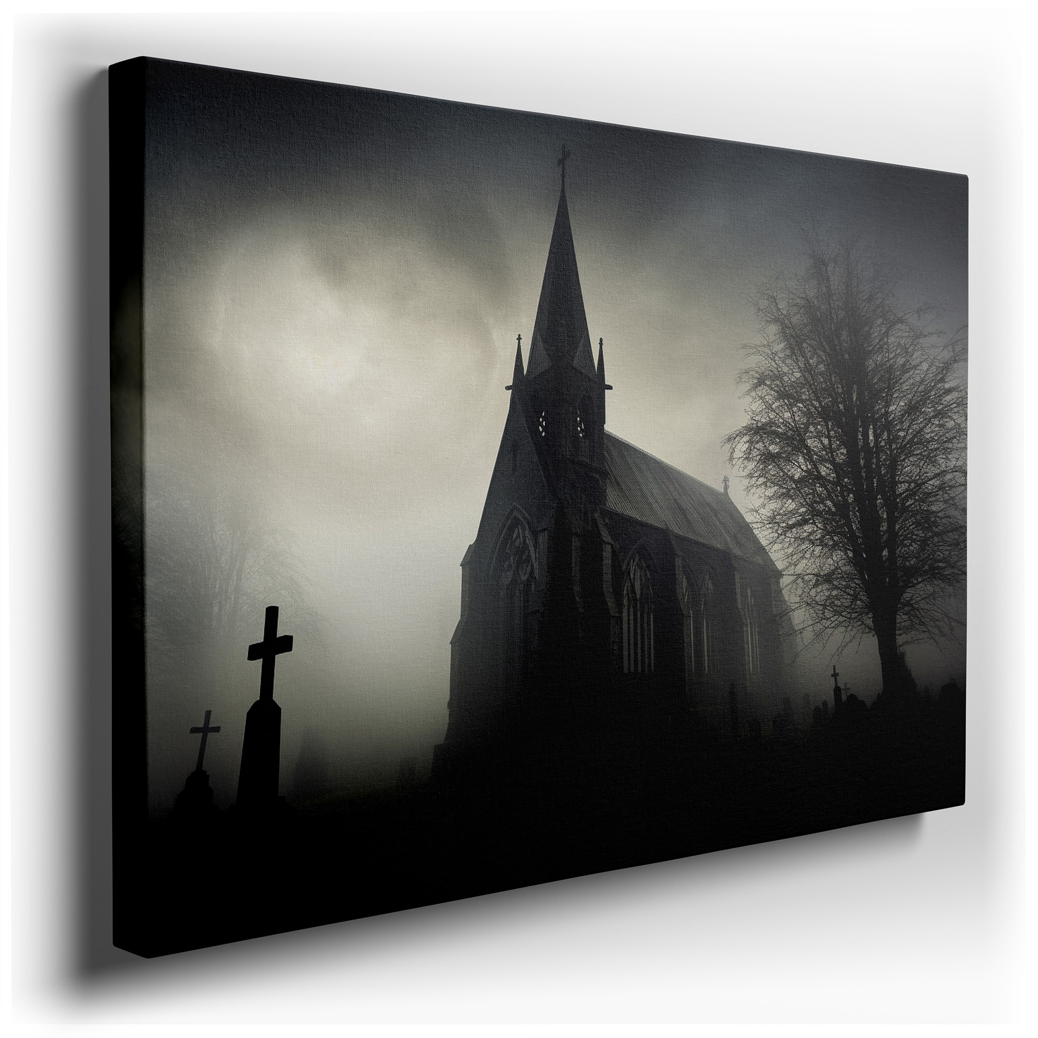 Gothic Church at Twilight: Shadows and Light Dance in Foggy Graveyard - Large Canvas Wall Art for Home and Office Decor